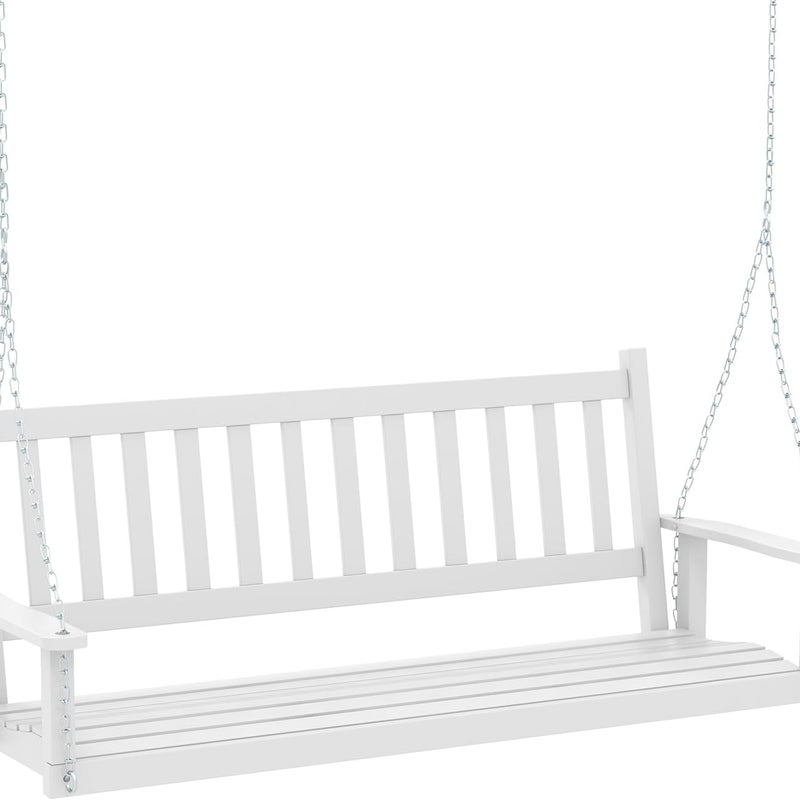 Huśtawka Ogrodowa 2/3-Osobowa na Zewnątrz, Krzesło Hamakowe z Drewnianym Siedziskiem i Regulacją Łańcuchów, 230/360 kg (168 x 65 x 63 cm, Białe)