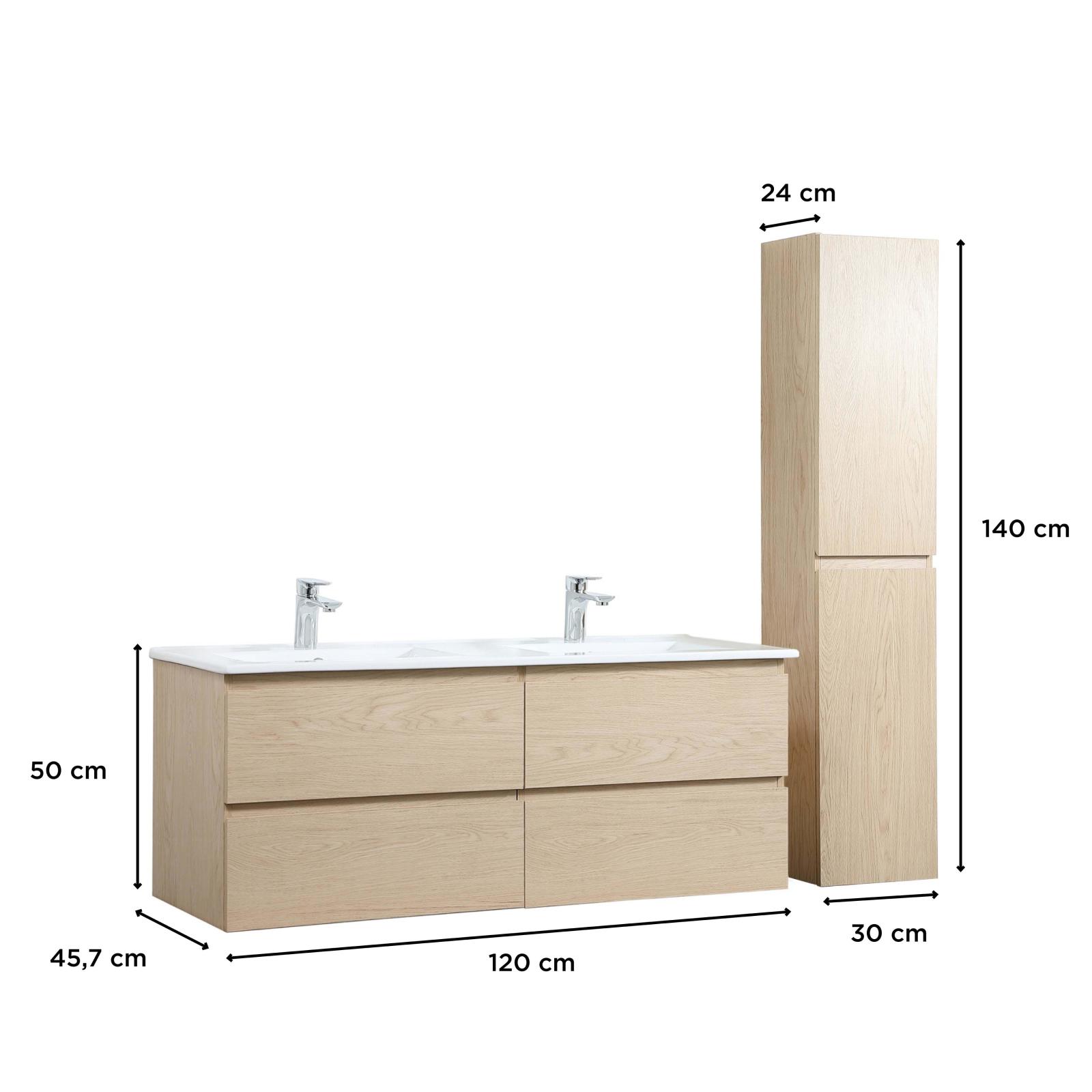 Meuble double vasque 120cm avec plan céramique SORRENTO Décor chêne + colonne - 5