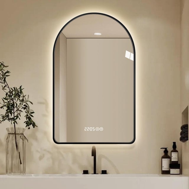 Espelho LED 60×120 cm com hora e temperatura, função antiembaçamento, iluminação regulável 3 tons, moldura preta