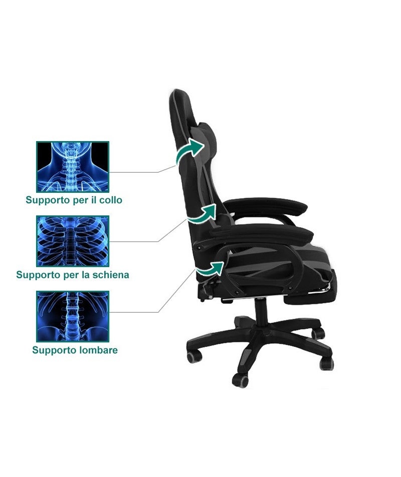 Sedia Poltrona Gaming Ergonomica Reclinabile con Poggiapiedi Poggiatesta e Supporto Lombare Ruote Girevoli Nero/Grigio HLD-920 - 2