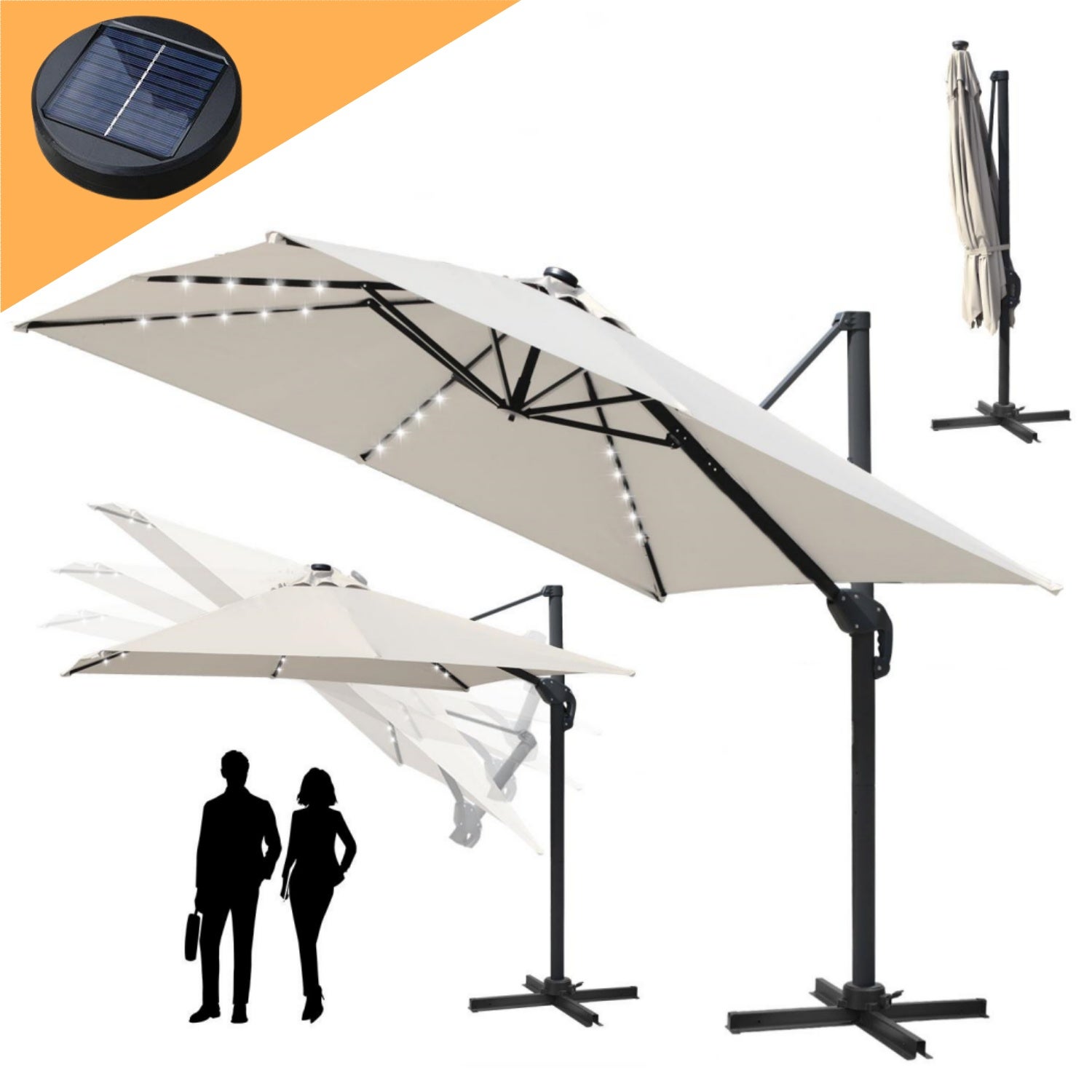 Parasol obrotowy 3 m, uchylny, LED, obrót 360°, parasol rynkowy, beżowy