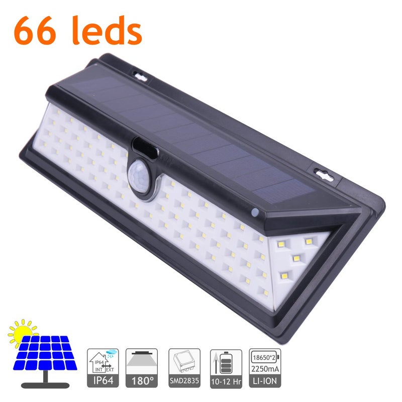 Zewnętrzna solarna lampa ścienna LED IP64, 65 diod LED 800 lumenów. Kąt wykrywania 120°, 2500 mA, czujnik ruchu, 3 tryby oświetlenia