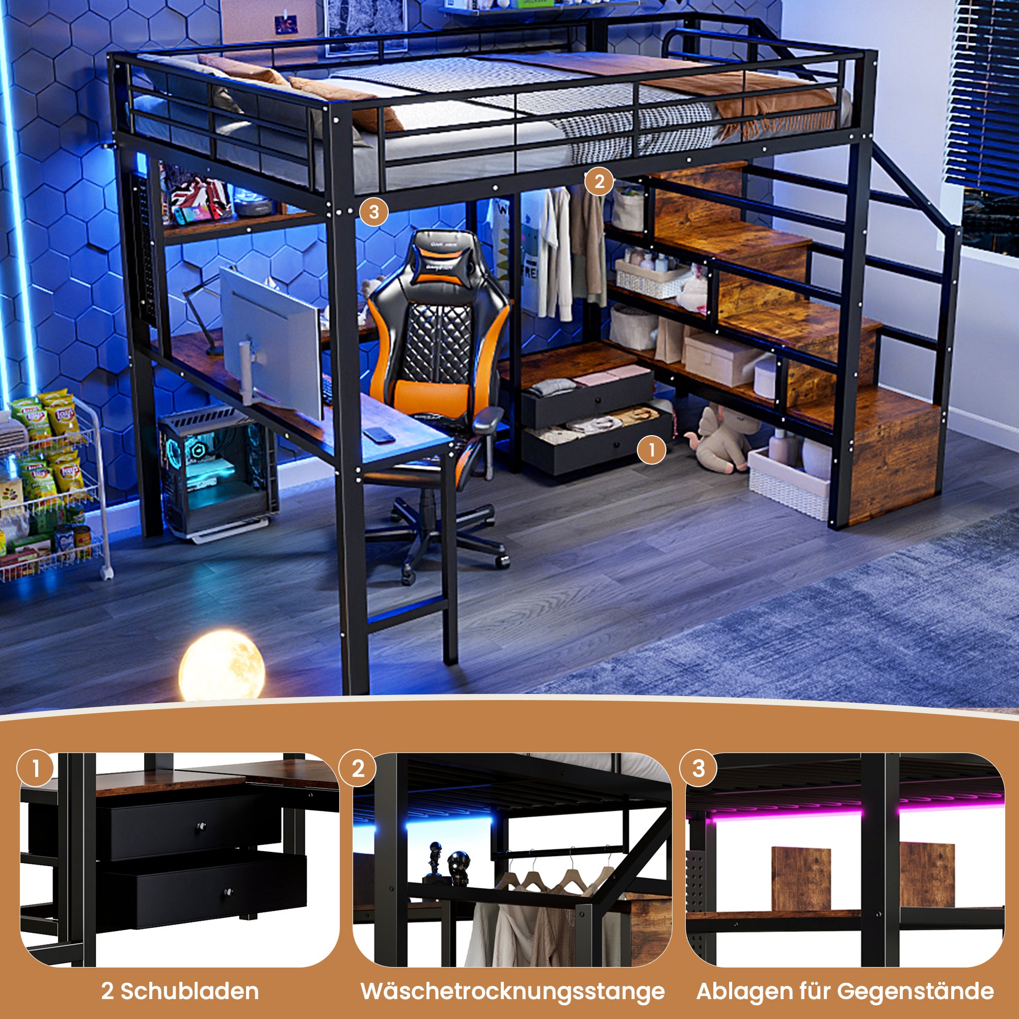 Lit Mezzanine en Métal 140x200 cm avec 2 Tiroirs et Penderie, Lit superposé avec échelle de rangement, Bureau et LED, Lit Double Noir, Sans matelas - 5