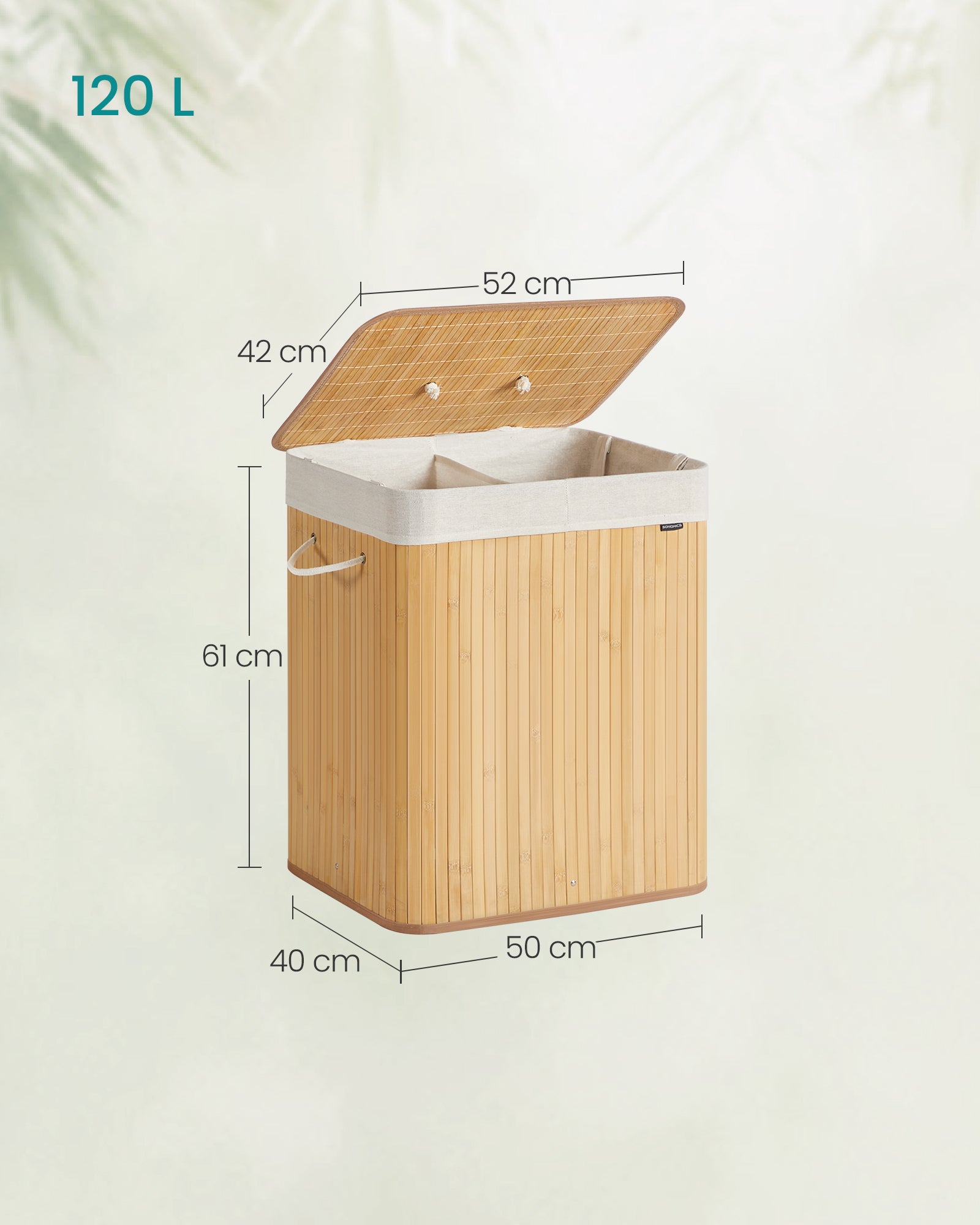 Panier à Linge avec Couvercle, 2 Compartiments, 120 L, Pliable, Sac Amovible et Lavable en Machine, avec Poignées, Naturel - 5