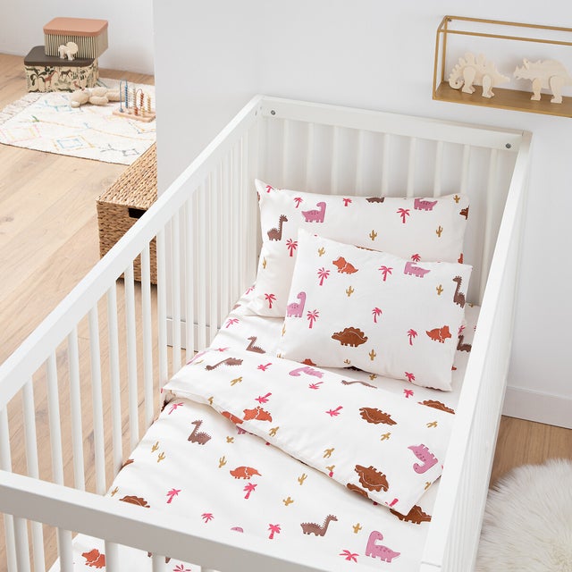 Housse de couette bébé en coton, Dino Pop rose - Imprimé - 80 x 120 cm