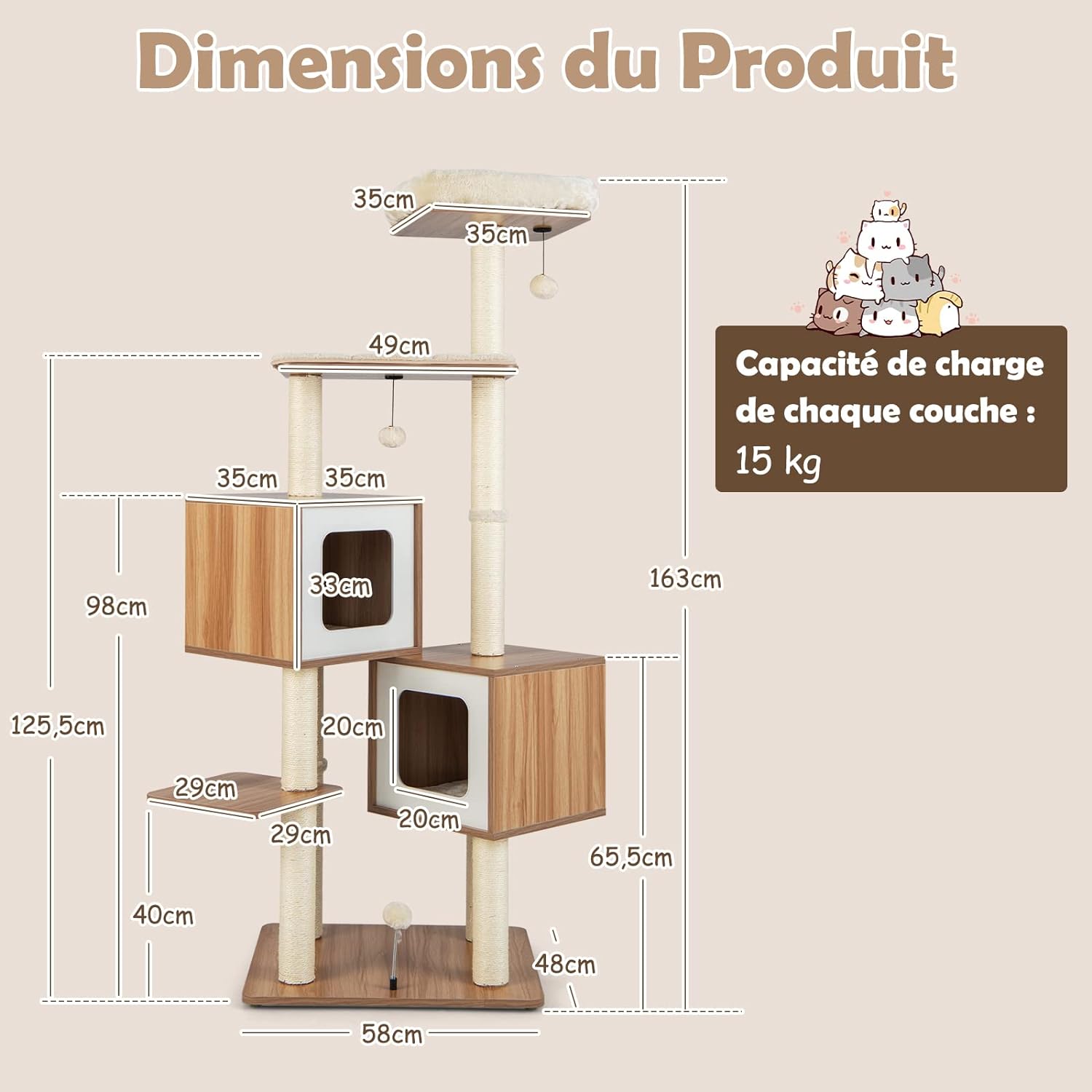 Árbol para gatos de madera de 163 cm, 6 niveles, con plataformas, compartimentos, cojines cómodos, postes de sisal, pelotas, color natural - 6