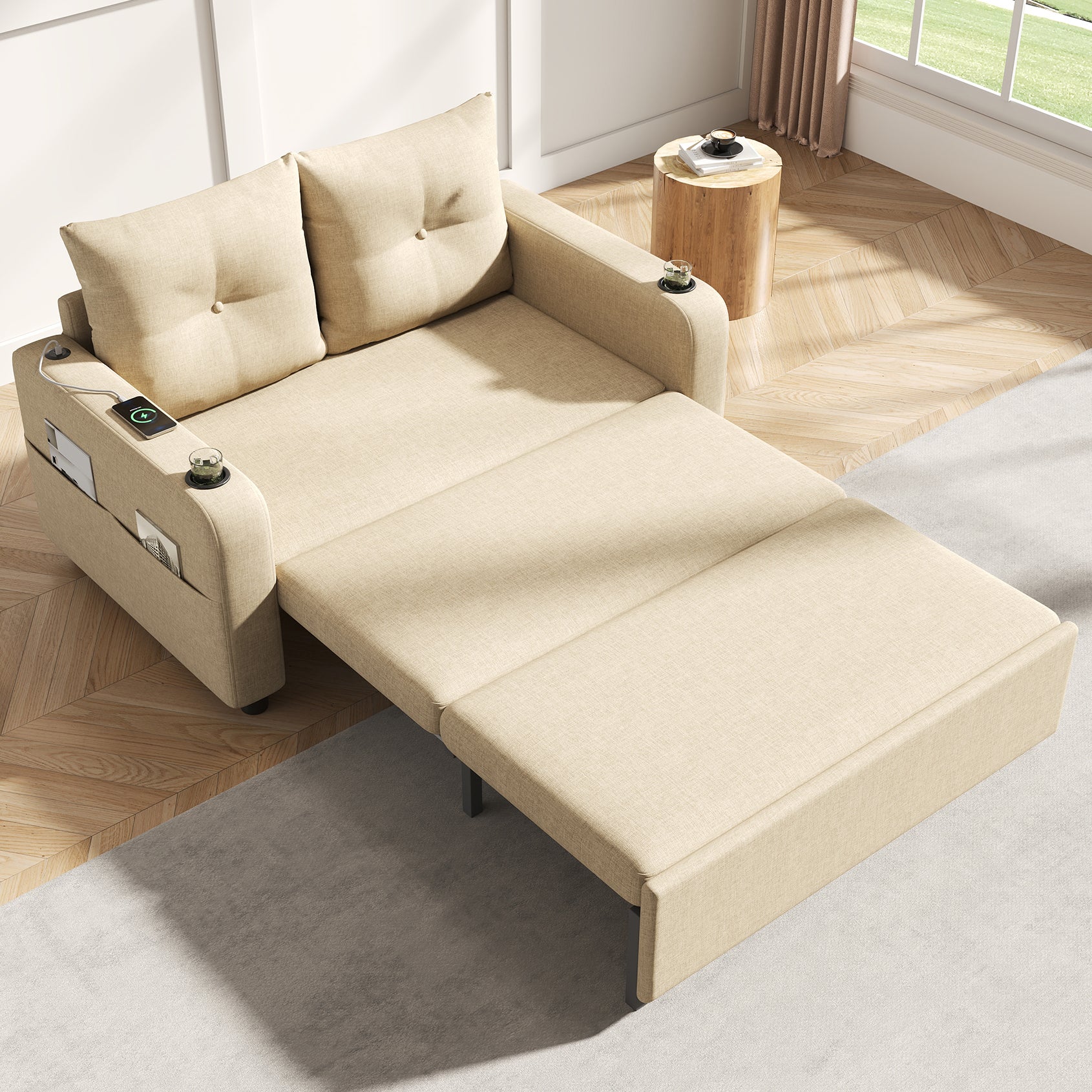 Sofa 2-osobowa z funkcją spania, uchwytem na kubek, portem USB i kieszeniami bocznymi - 131 x 81 x 94 cm - Tapicerka bawełniano-lniana - Beżowa