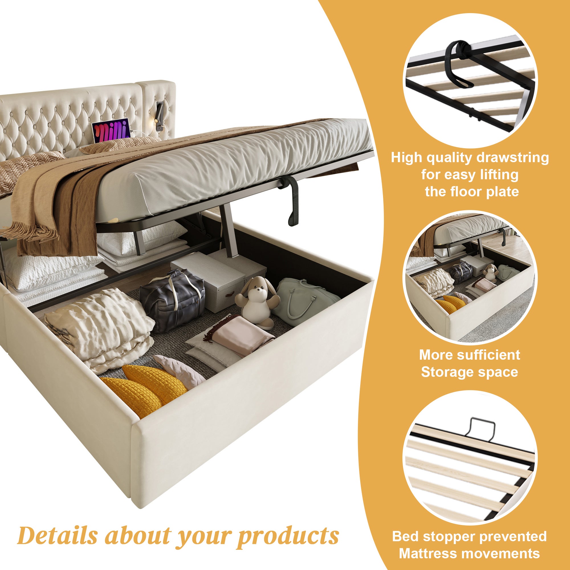 Lit hydraulique 180 x 200 cm, avec table de nuit, liseuse, fonction de recharge USB, beige - 9