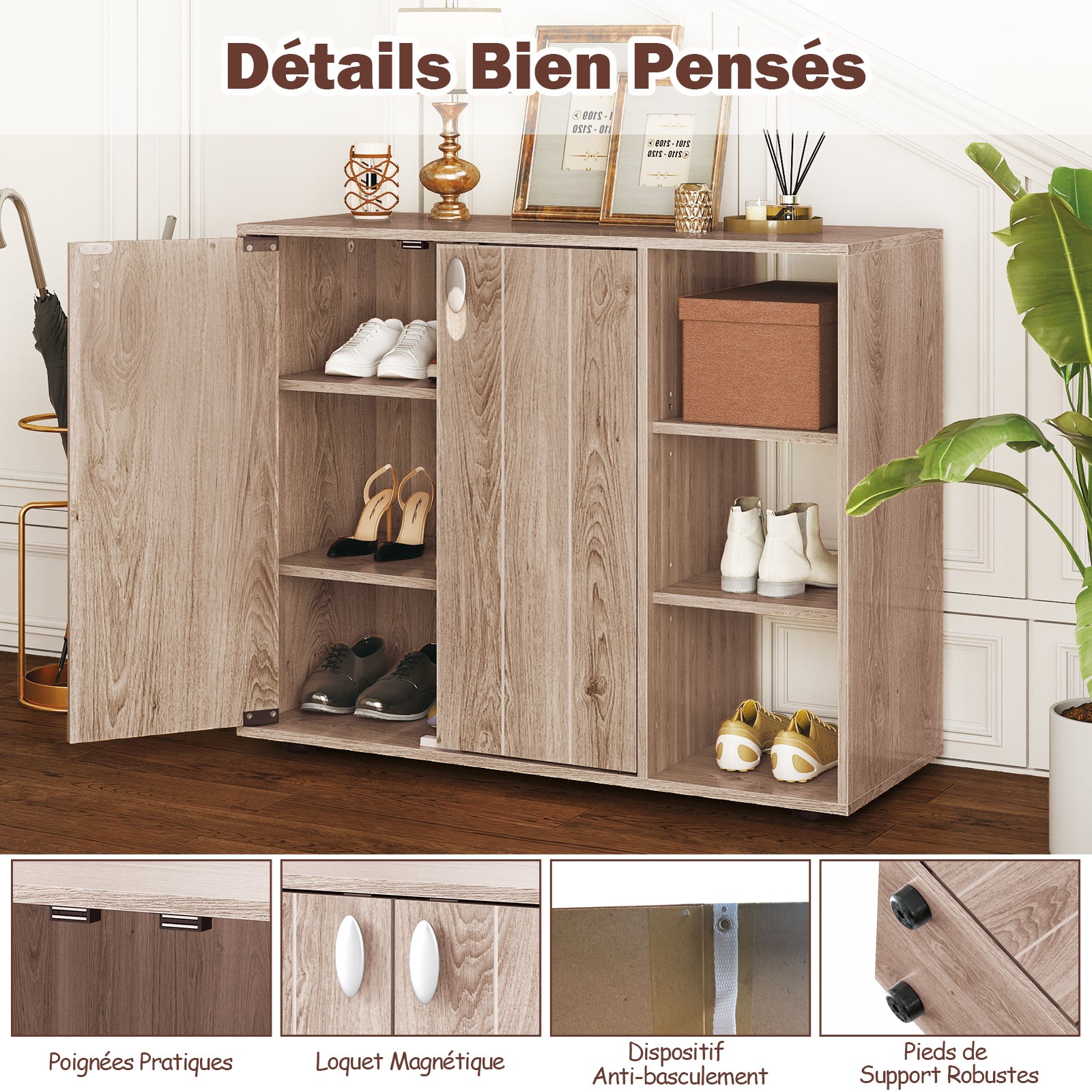 Meuble à Chaussures avec Portes, Range-Chaussures à 3 Niveaux avec Étagères Ouvertes Réglables, pour Entrée, Salon, Placard, 80 x 31 x 64,5 cm, Nature - 5