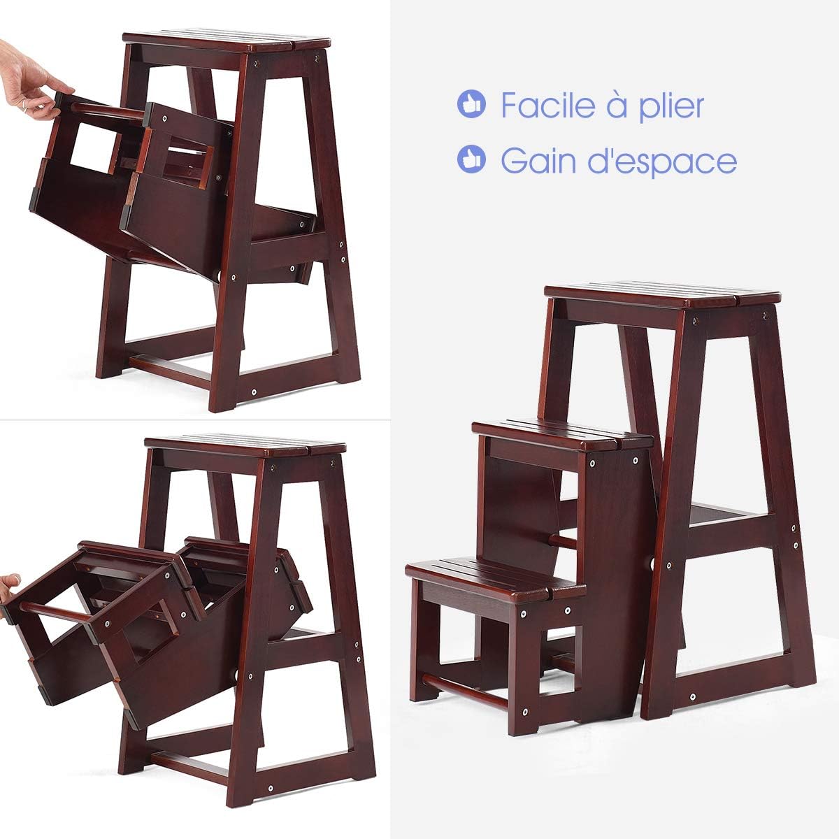 Tabouret d'Echelle 3 Marches Tabouret d’Escabeau Pliable 3 Etages, 57 x 39 x 65 CM, Fait en Bois de Pin (Brun) - 4