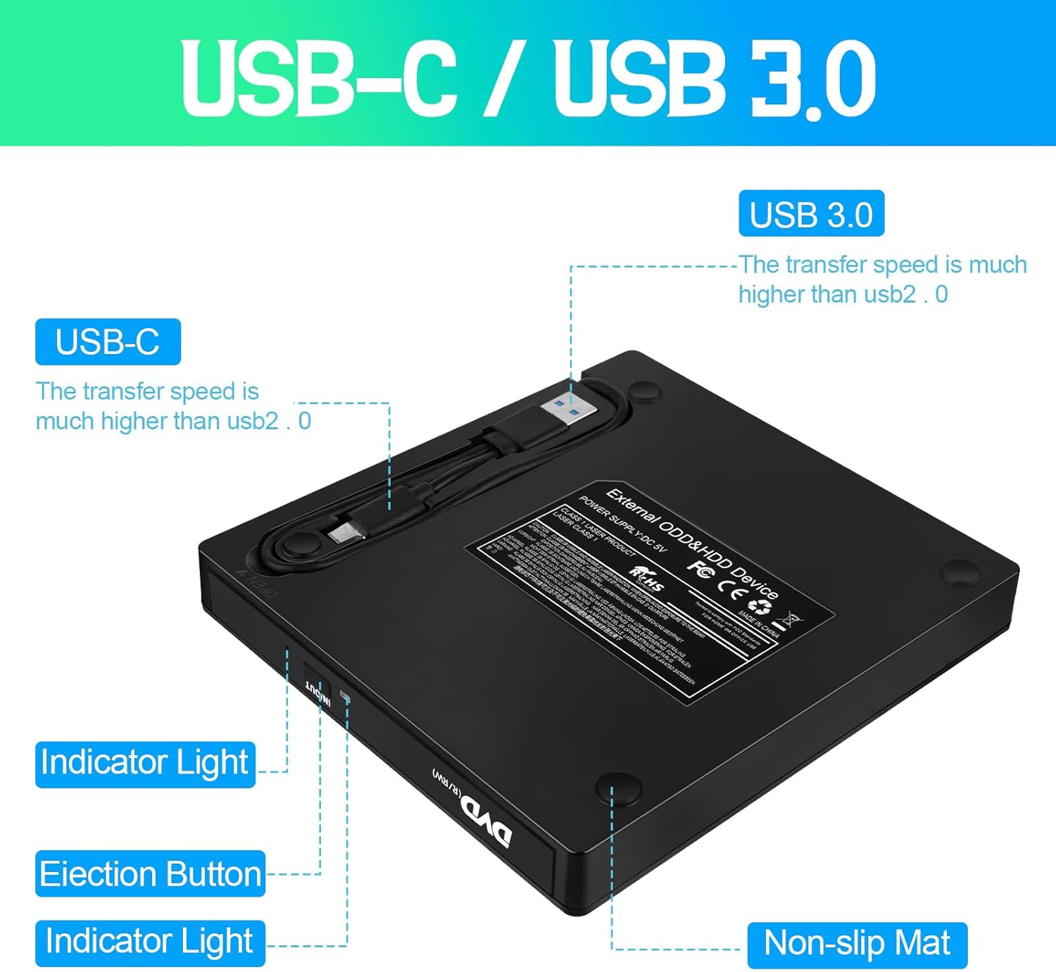 Lecteur CD DVD Externe 7 en 1 USB 3.0 et Type-C, Graveur CD DVD +/-RW ROM Portable avec Slots SD/TF, 4 Ports USB et USB-C, Compatible PC Windows 11/10 - 3