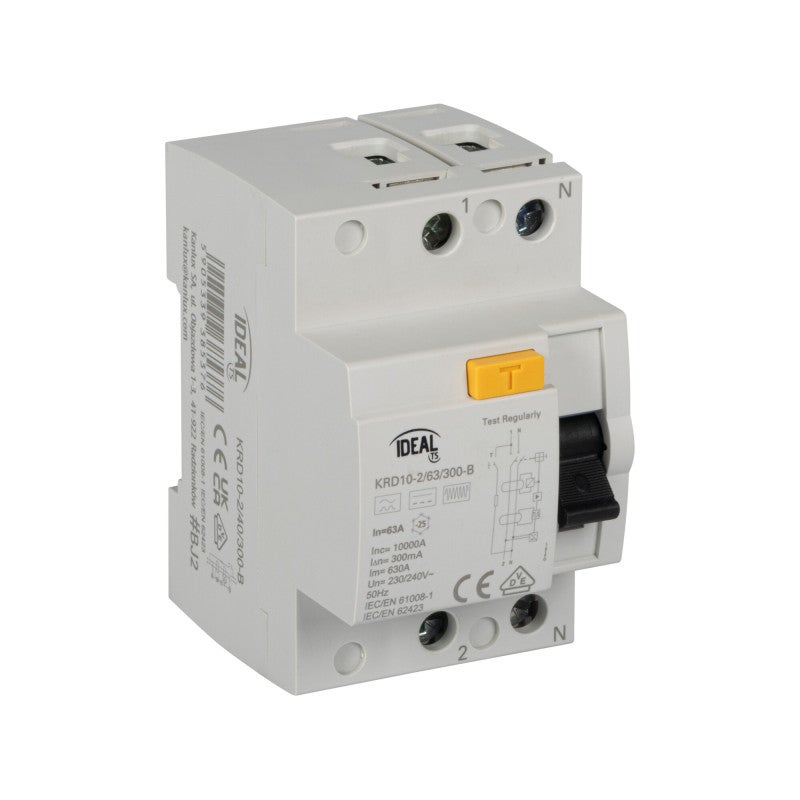 Interruptor Diferencial Solera 2P 63A 300mA – 2 Módulos, Clase AC, 6kA, Montaje En Carril DIN, Certificado CE