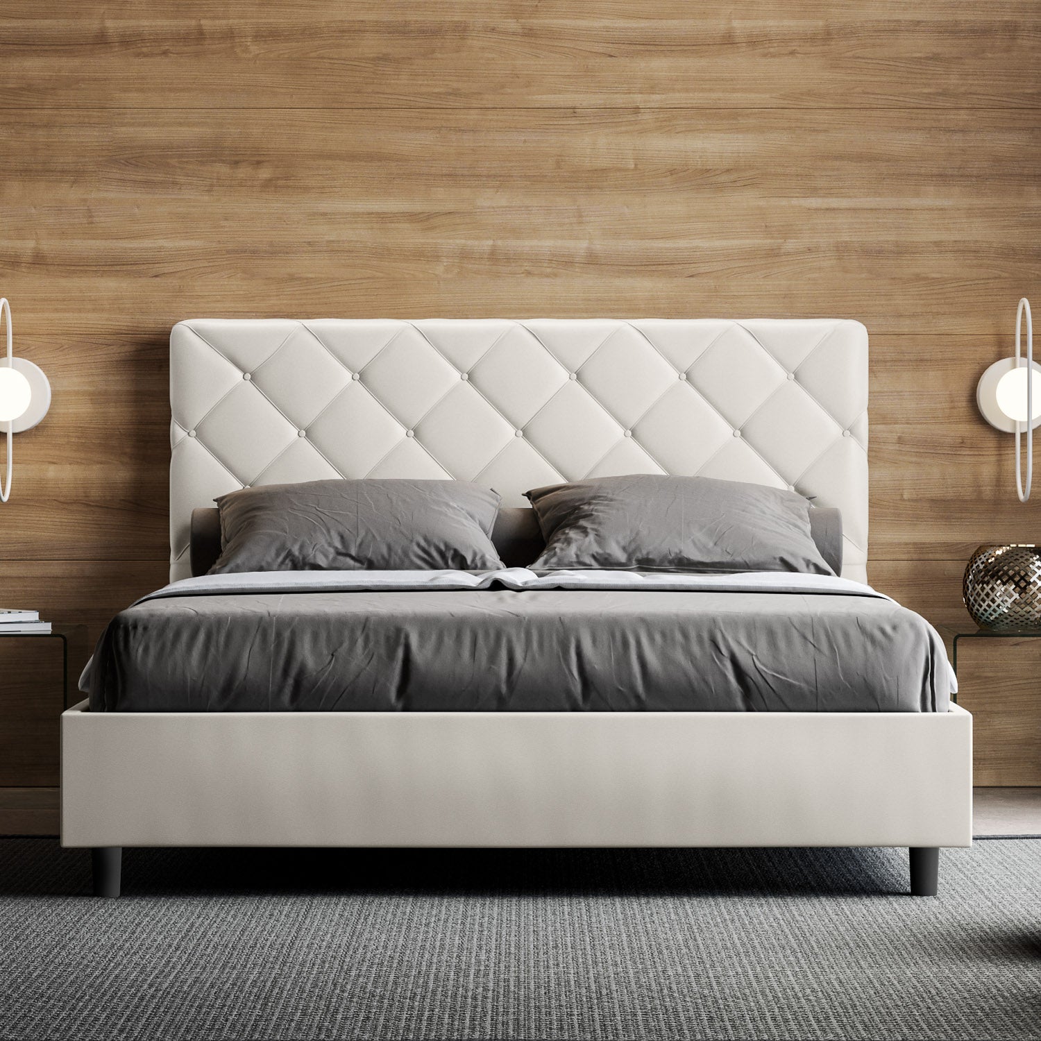 Cama con somier acolchada 160x200 cuero sintético blanco Priya - 2