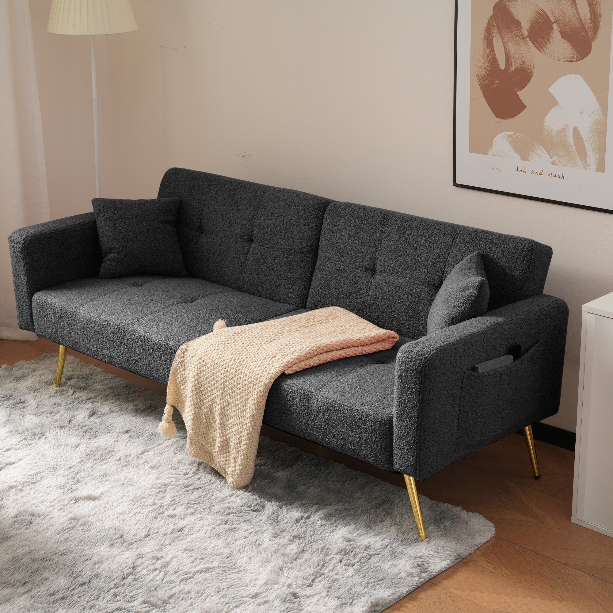 Canapé-lit 175x64x72cm inclinable avec fonction lit et rangements latéraux - Pieds dorés et coussin inclus - gris foncé - 2