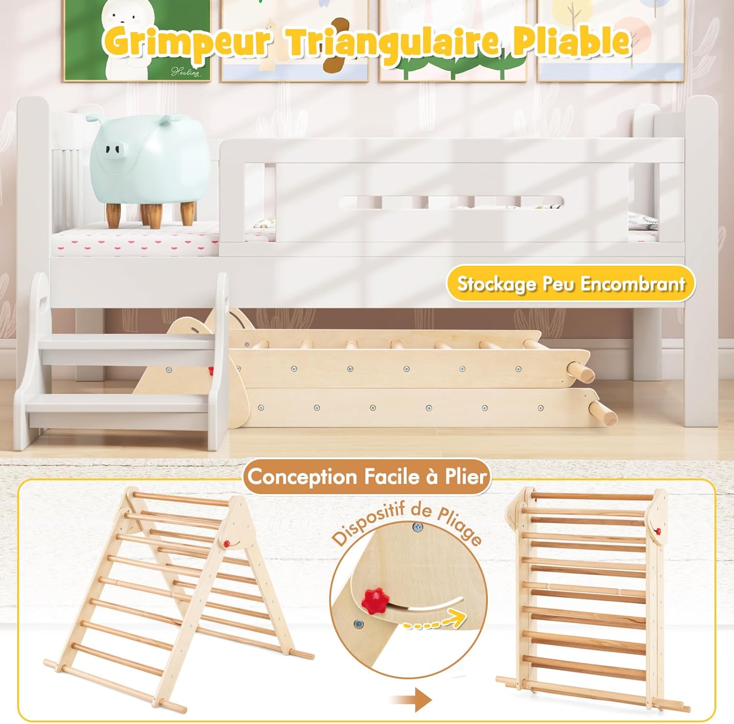 Triangle d'escalade Montessori pour Enfants avec Toboggan,Parcours Escalade Bois Pliable avec Rampe,Charge 50 KG (Naturel,Pliable) - 4