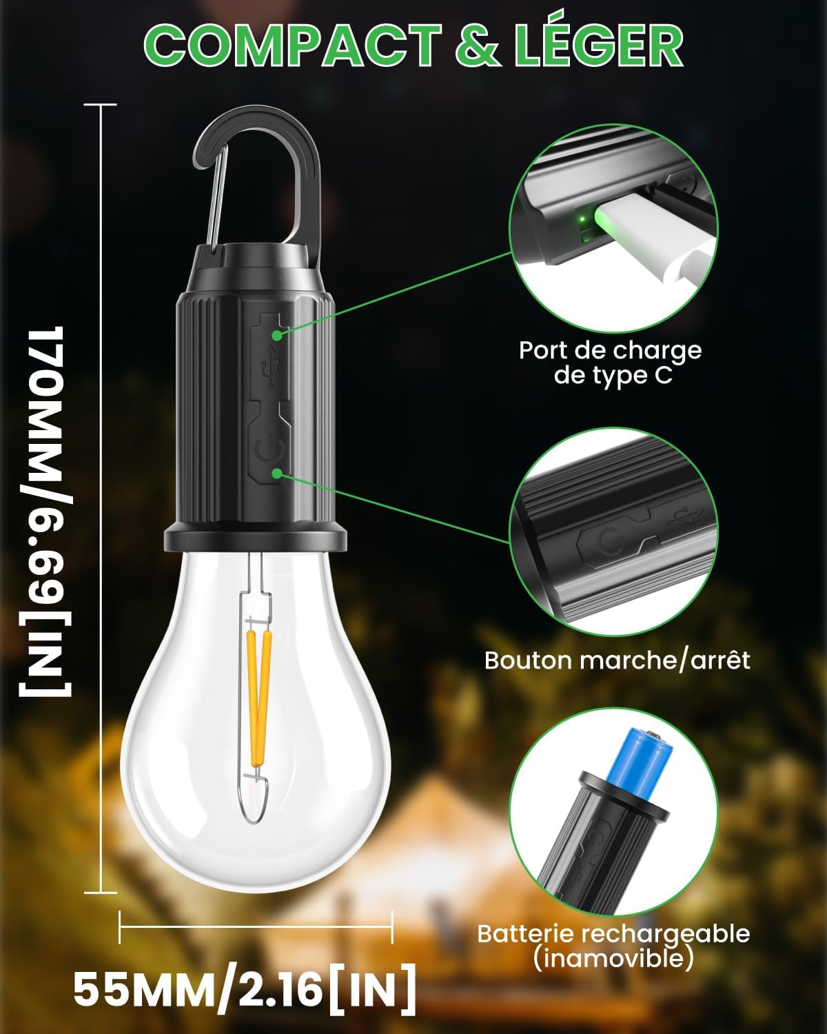 Lampe De Camping Rechargeable - Activités De Plein Air, Lumière De Nuit Mobile
