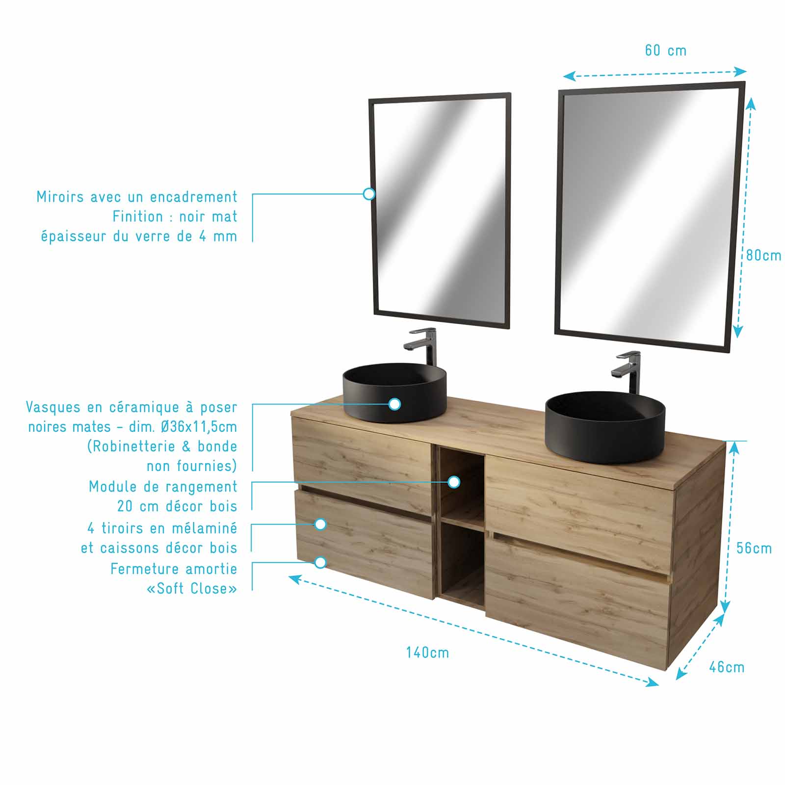 Meuble Salle de Bains 140 TIMBER Décor Chêne 4 Tiroirs et Module 2 Vasques Noires 2 Miroirs 60x80 - 4