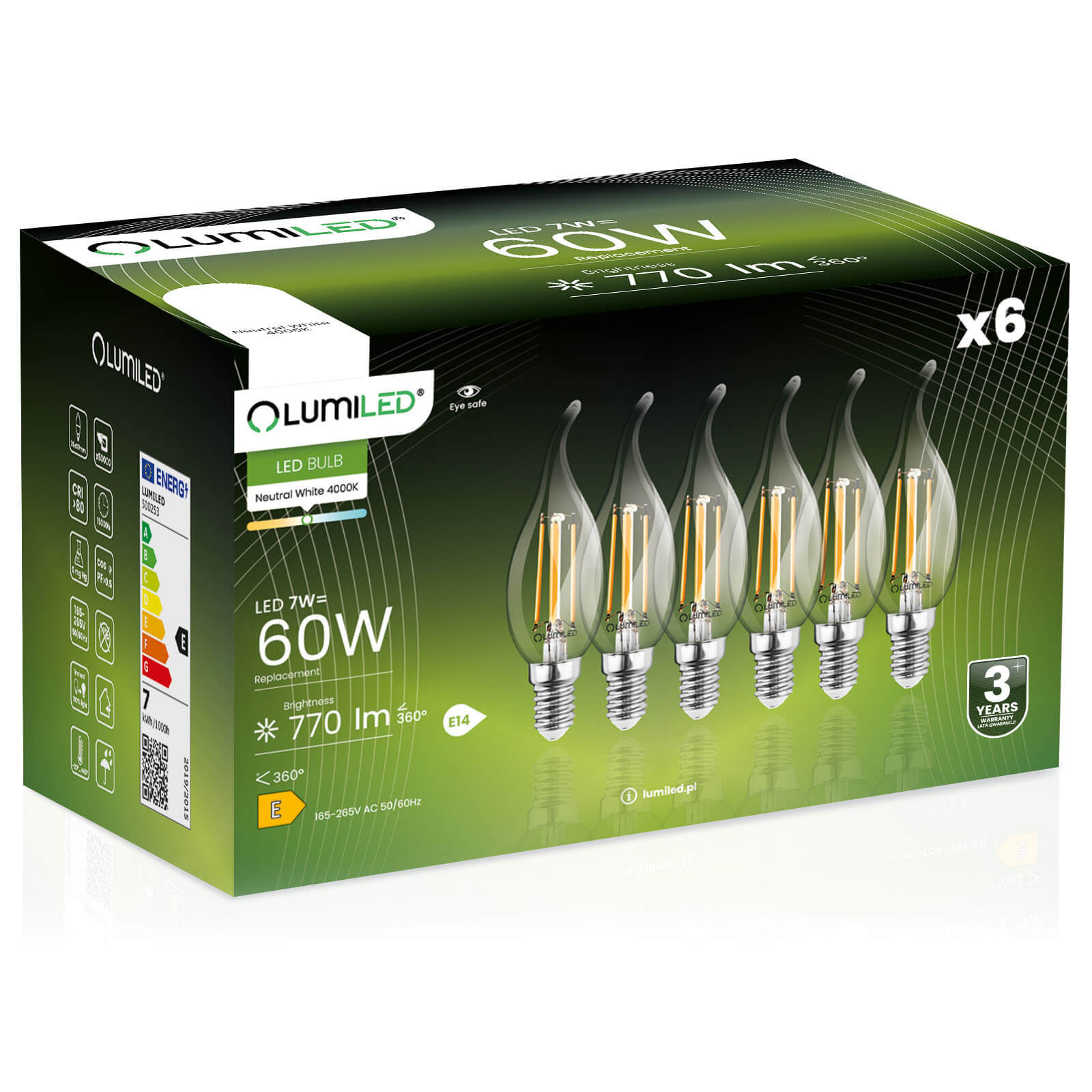 6x Żarówka Lumiled LED E14 Świeczka BA35 7W = 60W 806lm 4000K Neutralna 360st Filament