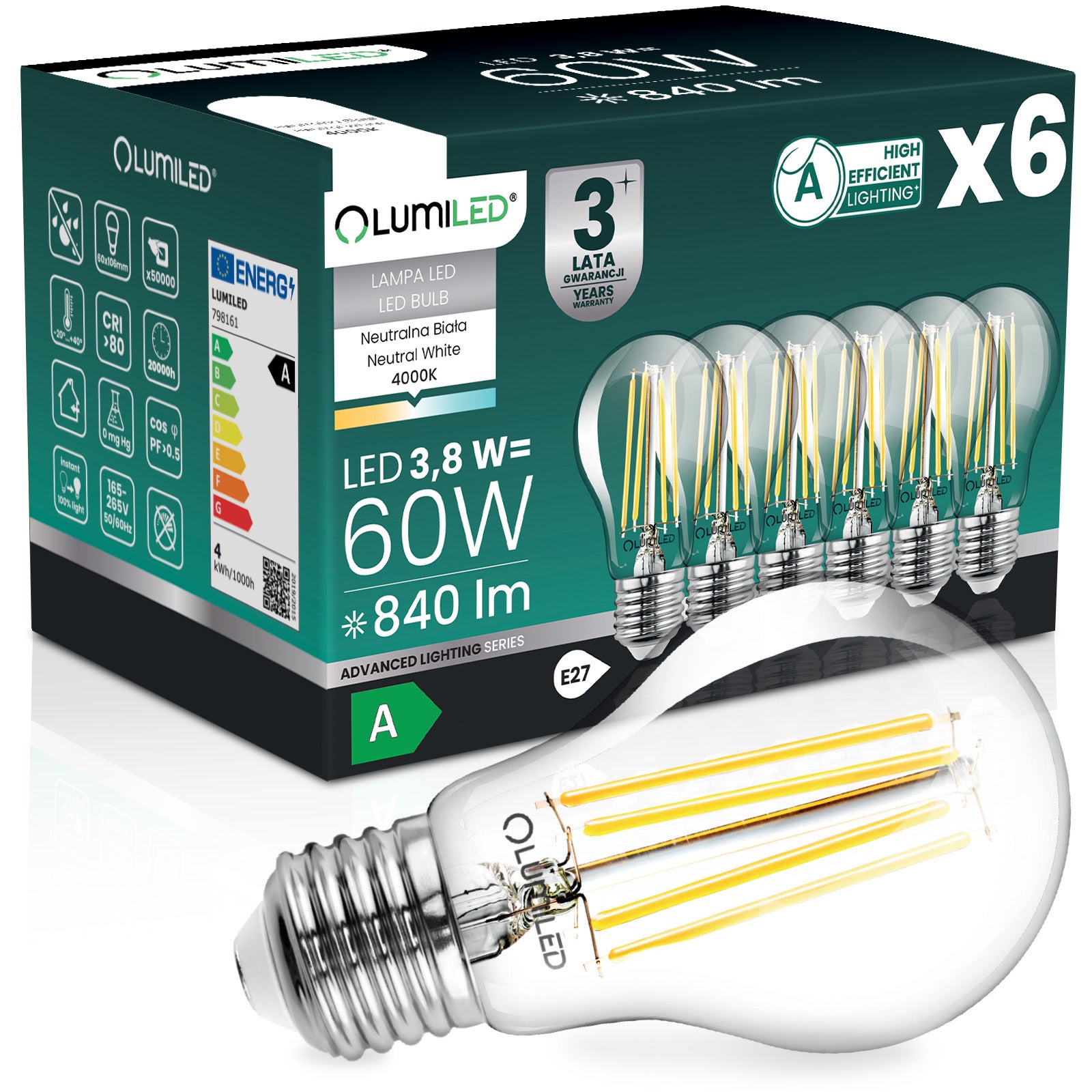 Żarówka LED Lumiled E27 A60 3.8W 840lm 4000K Neutralna biel 360st Filament Klasa A 6 szt.