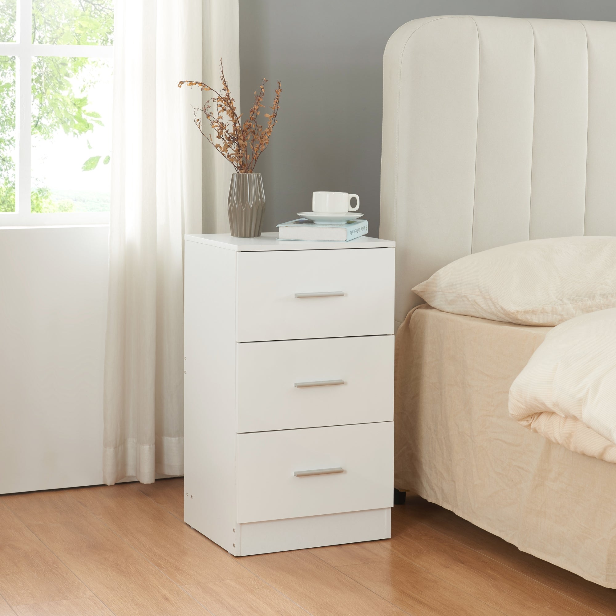 GROF Comodino In Legno Massello Bianco Con 3 Cassetti - Stretto E Sottile, Artigianale, Giunti A Coda Di Rondine - 2