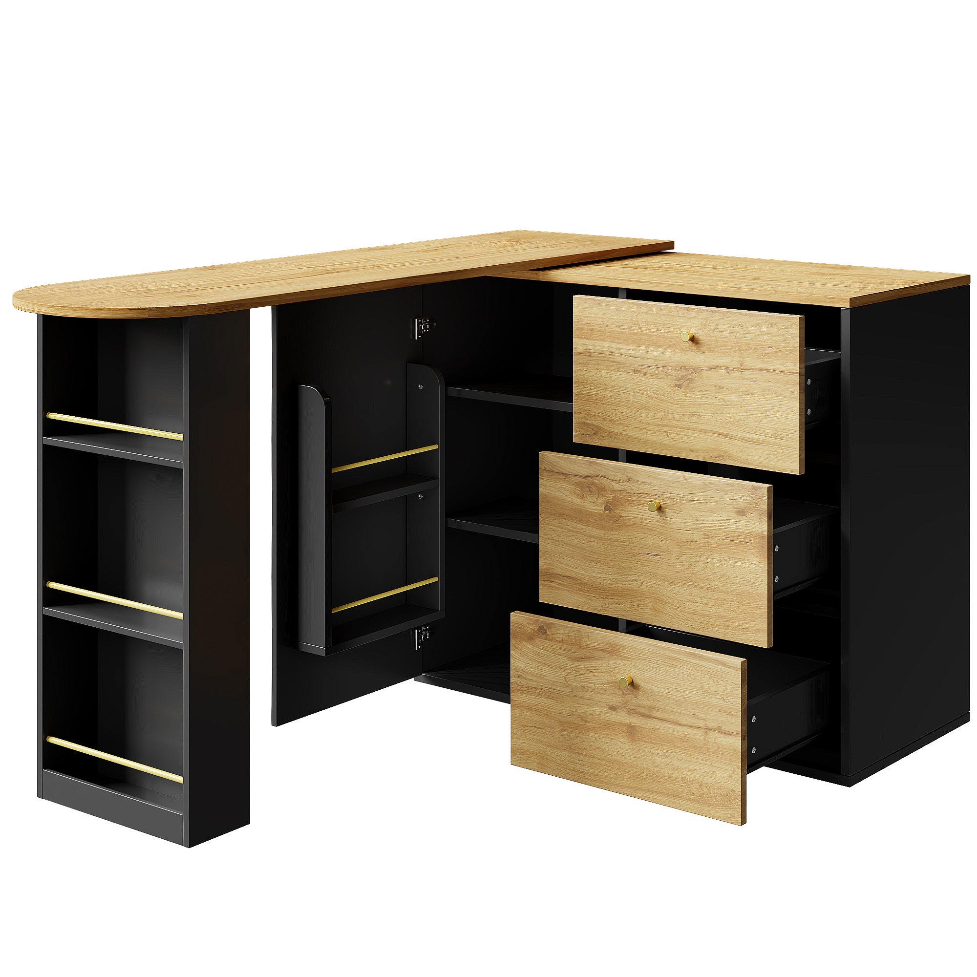 Meuble de bar pivotant 360° et escamotable - avec 3 tiroirs et 1 porte - étagères ouvertes - noir + naturel - 8