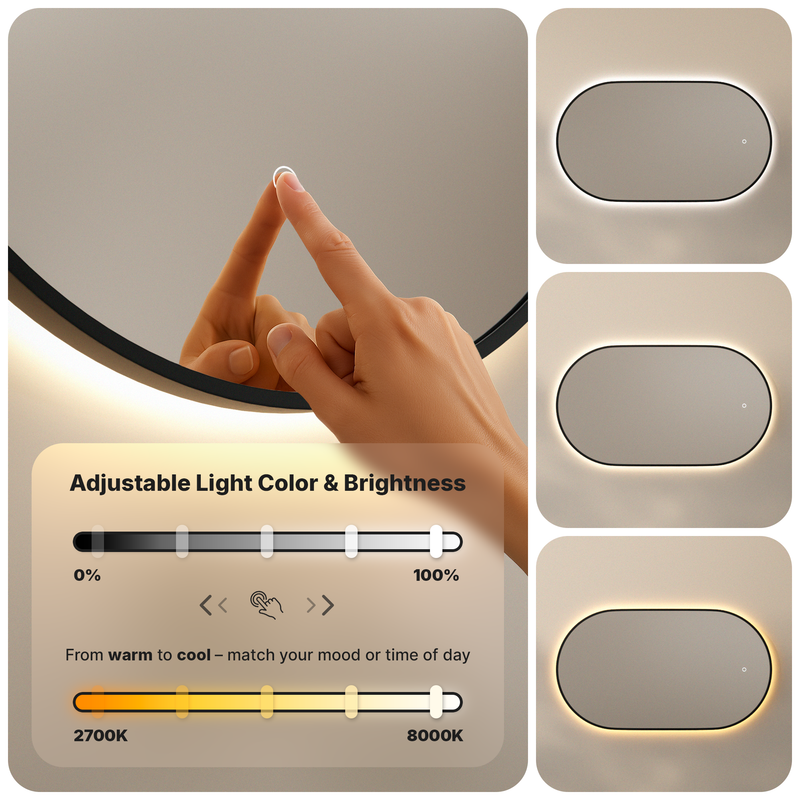 Espejo de baño - 90x50cm - Marco negro - Antivaho - Con luz LED - 3