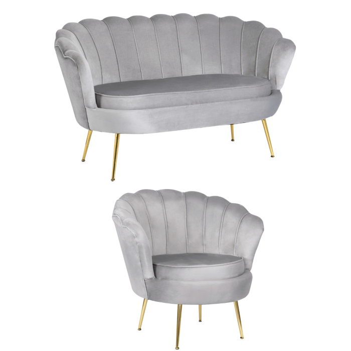Zestaw Sofa Szara i Fotel Szary Muszelka Meble Wypoczynkowe Glamour Złote
