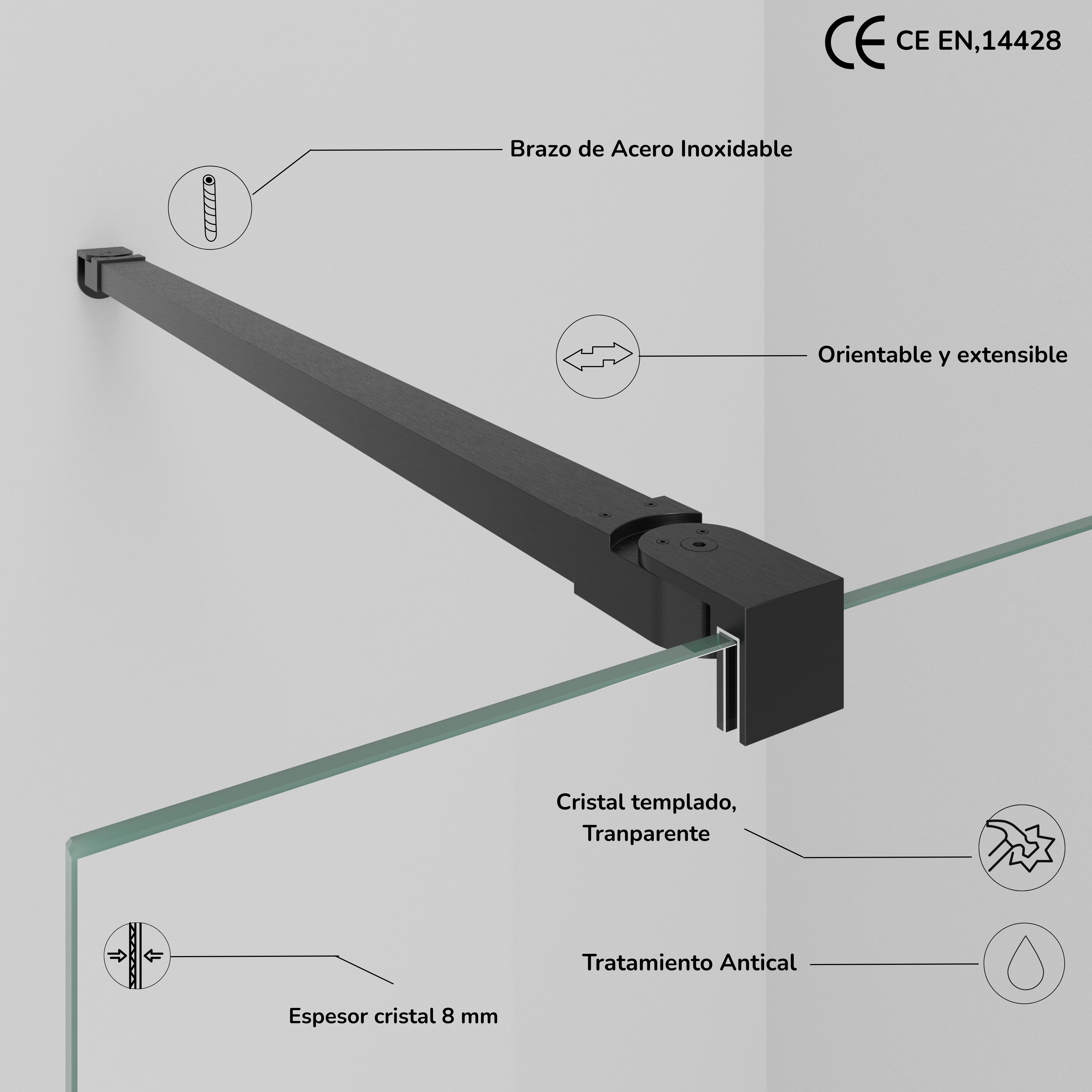 NEBADOON | Mampara de Ducha Fija transparente con Cristal templado 8mm Antical - Mampara fija con Perfilería Negro Mate 90cm (Ancho) x 200cm (Alto) - 3