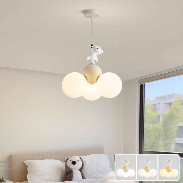 Lustre criativo, candeeiro suspenso LED, candeeiro de teto suspenso com urso de desenho animado, 3 temperaturas de cor ajustáveis, 36 cm x 32 cm