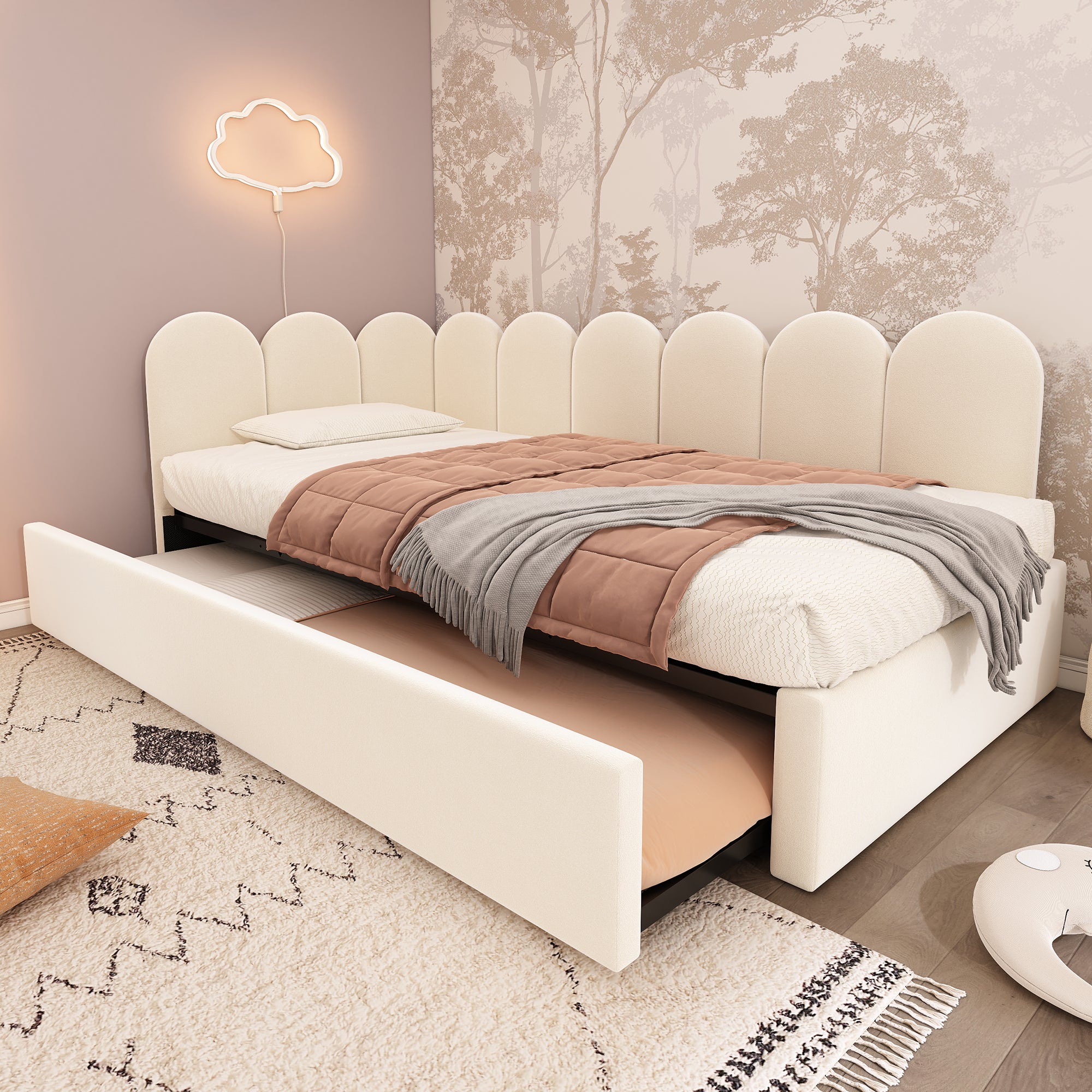 Cama de rodízio 90 x 200 cm + 90 x 190 cm com cabeceira e encosto, sofá-cama - Veludo - Estrado de ripas metálicas - Bege (sem colchão) - 4