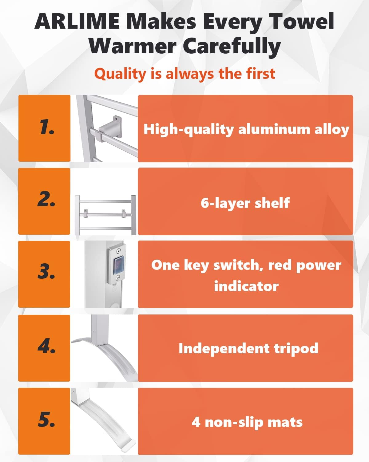 Secador de toalhas elétrico de parede e independente 2 em 1, suporte de parede e suporte de chão, temperatura da superfície 45~50 ℃ - 6