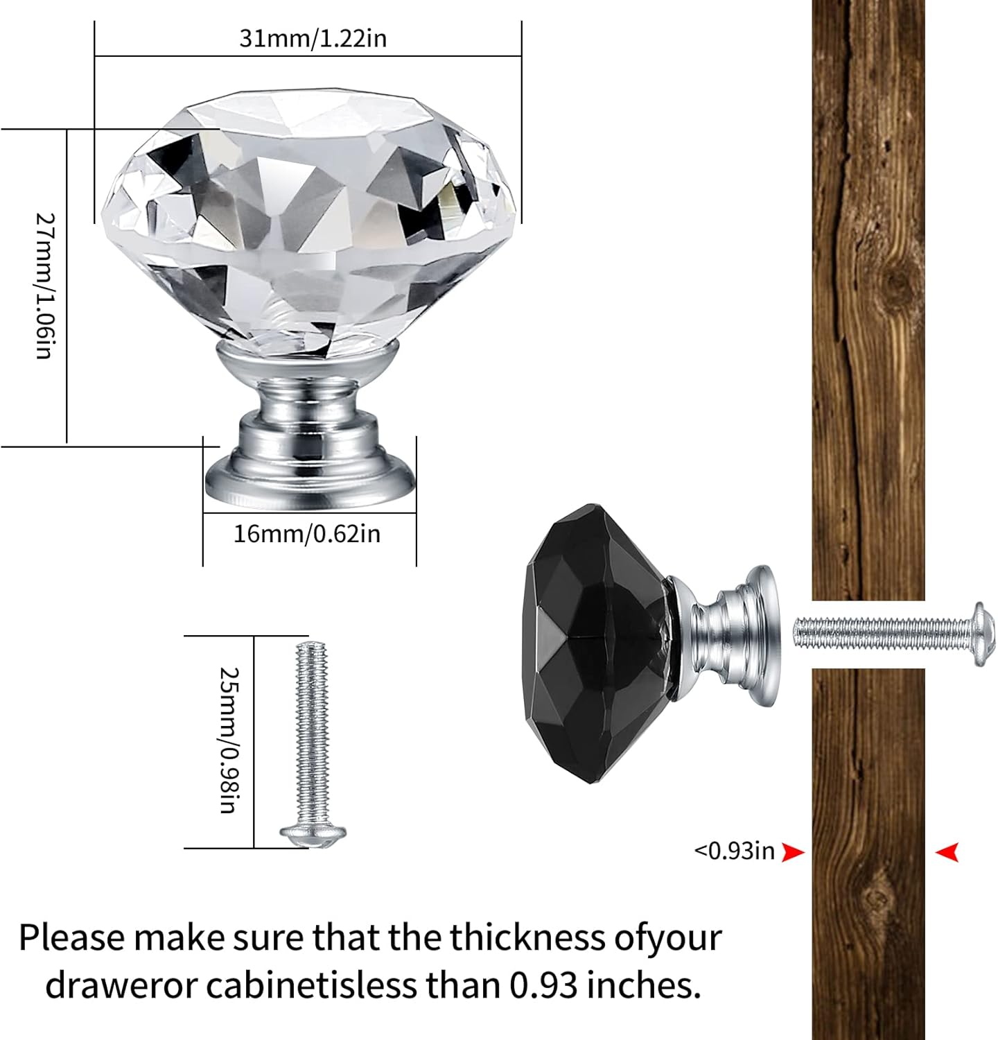 8 szt. kryształowych gałek do drzwi, diamentowych uchwytów meblowych, dekoracyjnych gałek do szafek, 30 mm (4 * przezroczyste + 4 * czarne) - 2