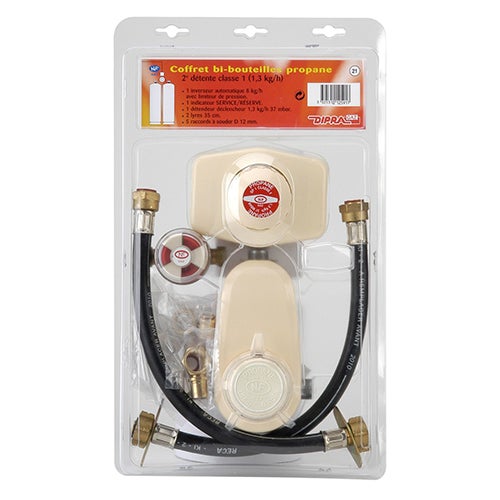 DIPRA - Coffret Bi-Bouteilles Complet Propane - Compatible Bouteilles 13 kg - Détendeur 1,3 kg/h 37 mbar - Inverseur Automatique - Certifié NF