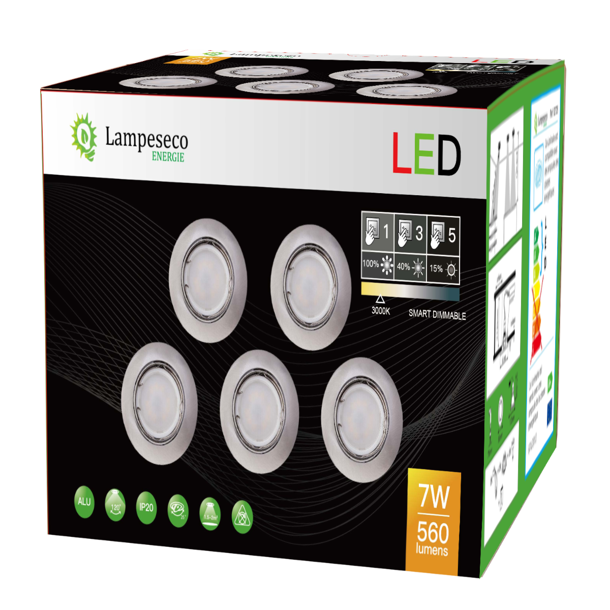 40 Spots led 3-step dimmable sans variateur 7w eq.56w blanc chaud orientable finition alu brossé - 4