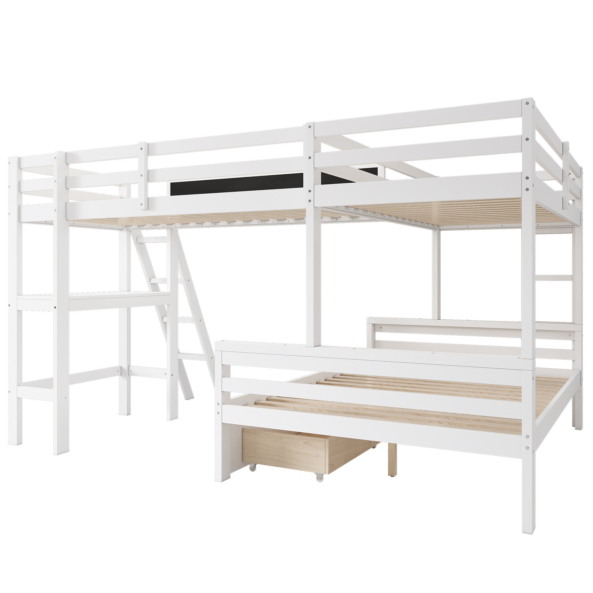 Lits superposés 140 x 200 cm + 2 x 90 x 200 cm avec bureau et 2 tiroirs - Bois massif - Blanc(sans matelas) - 7