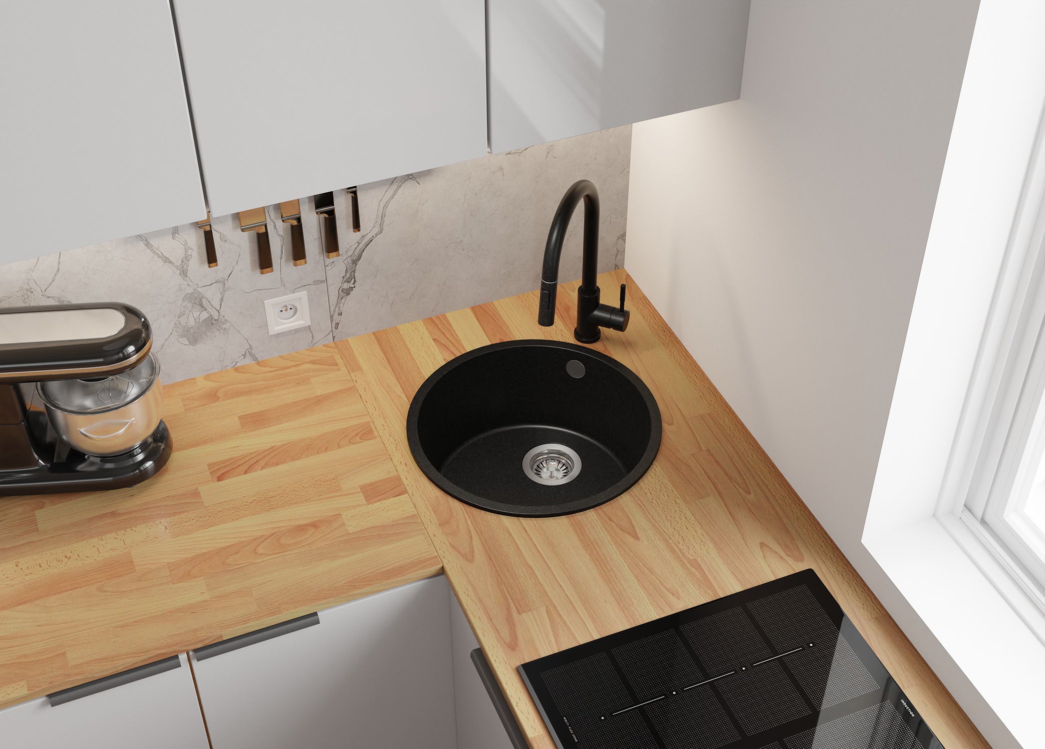 Lavandino Rotondo Tutto Nero 46x46cm, Lavello in Granito a 1 vasca + Sifone Classico + Accessori, Lavabo da Cucina Incasso al mobile 50cm PRIMAGRAN - 2