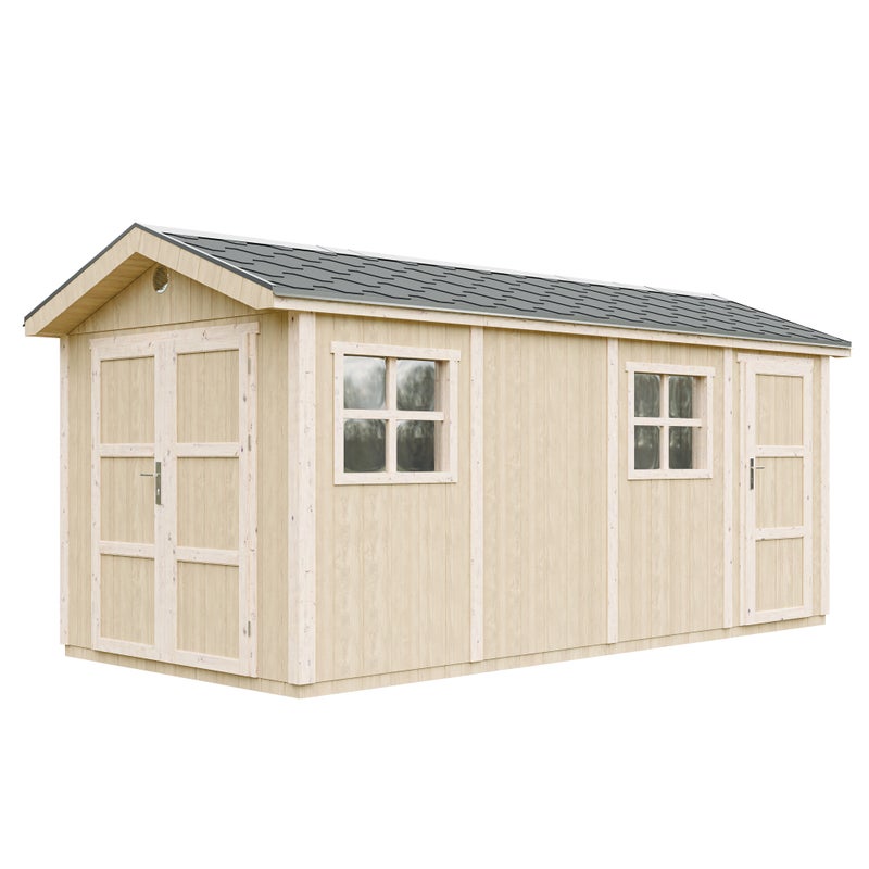 Domek ogrodowy najwyższej jakości 8,52 + 2,95 m² - H252x250x530 cm - Z podłogą i płytkami bitumicznymi - Timbela M915C