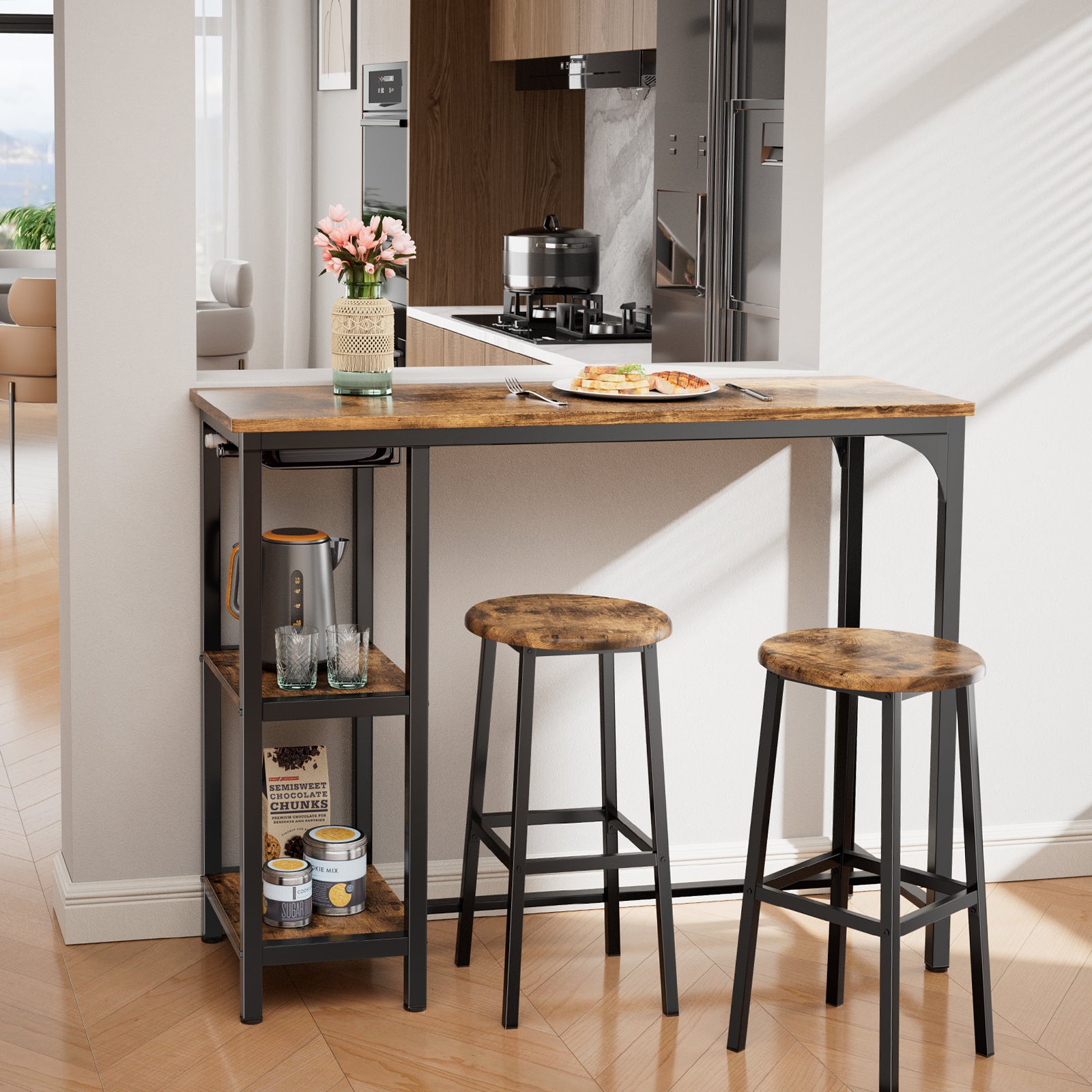 Bealife Mesa Alta para Comer em Pé com 2 Taburetes, Mesa de Sala de Jantar, Estrutura de Aço Marrom - 2