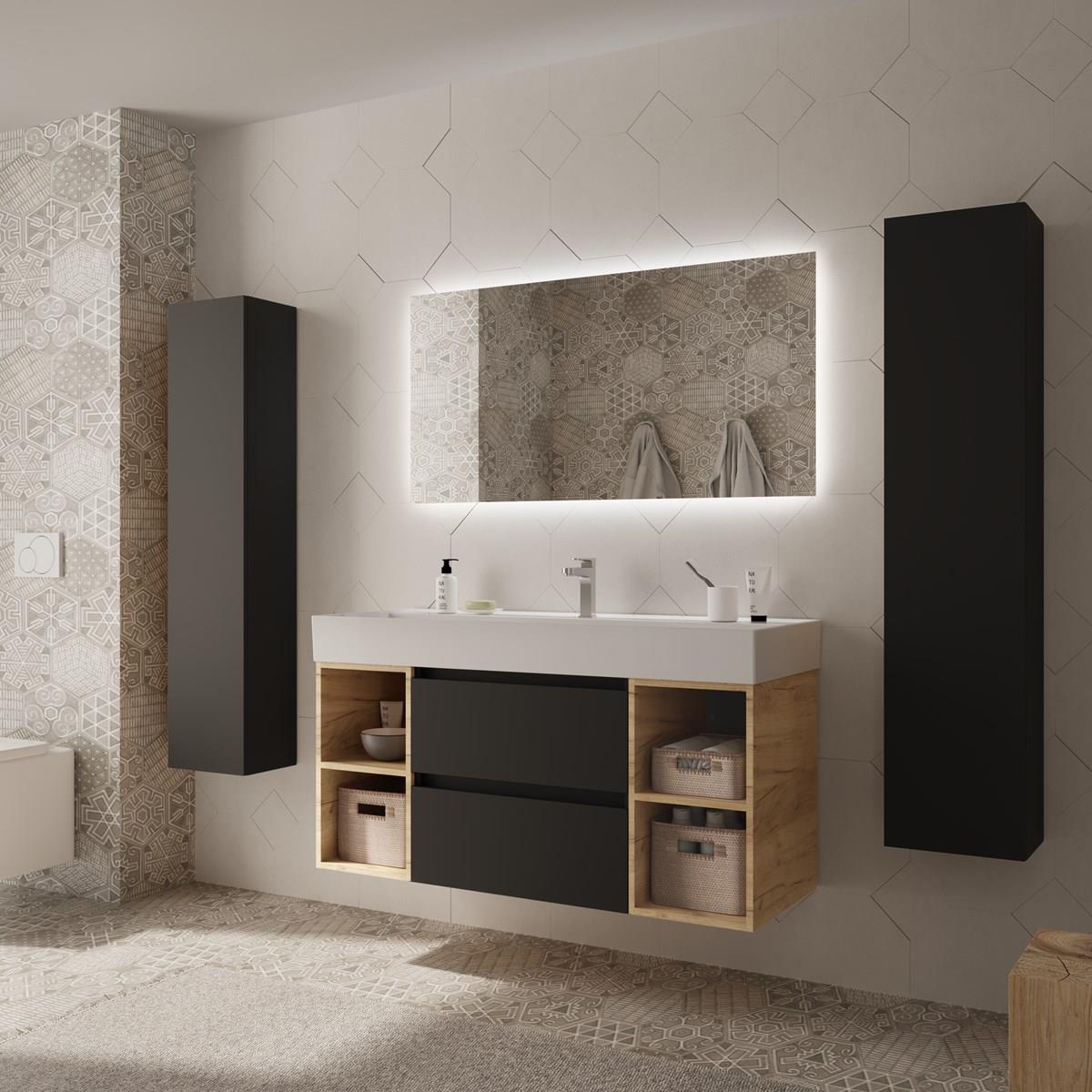 Meuble de salle de bain BEQUIA Plus 120cm Noir mat /Chêne | Vasque Porcelaine Centrale - 2