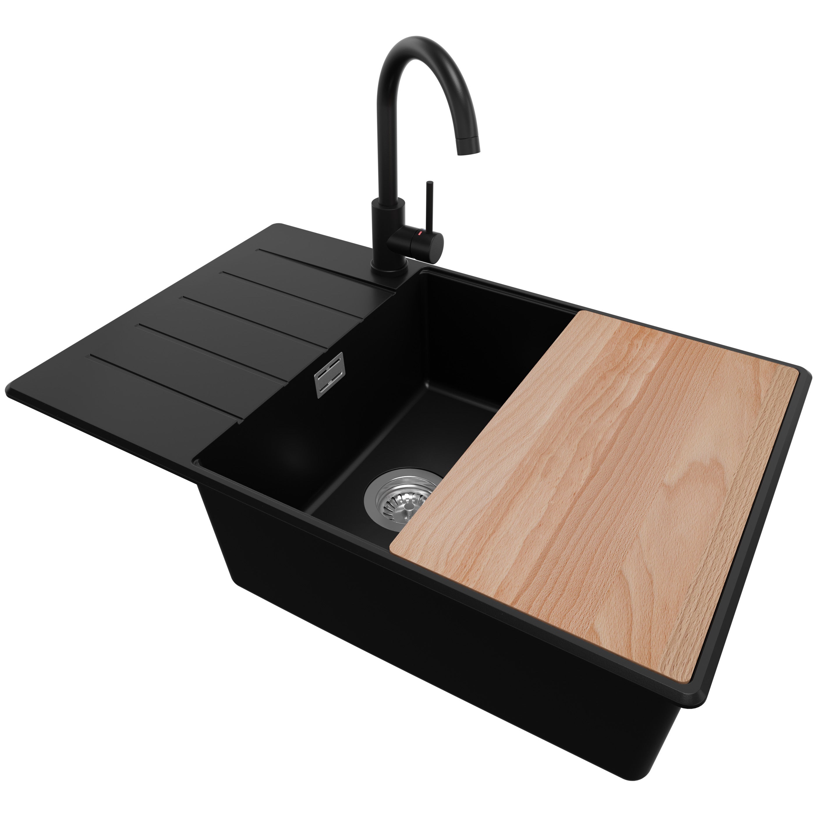 Zlewozmywak Granitowy Czarny 78x50cm, Zlew Kuchenny 1 Komorowy + Bateria 32x20cm + Syfon + Deska, Nablatowy do szafki od 60cm - Kopenhaga PRIMAGRAN