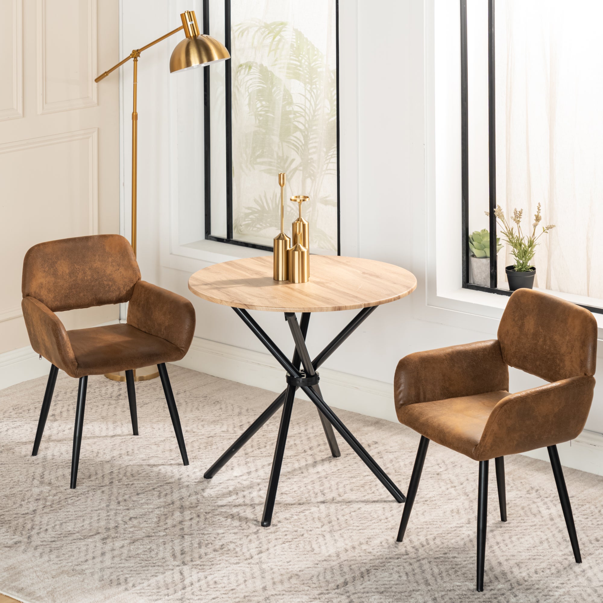 Lot de 2 Chaises de Salle à Manger avec Accoudoirs, Revêtement Effet Daim Marron Vintage, Pieds en Métal Noir, Confort et Élégance - 3