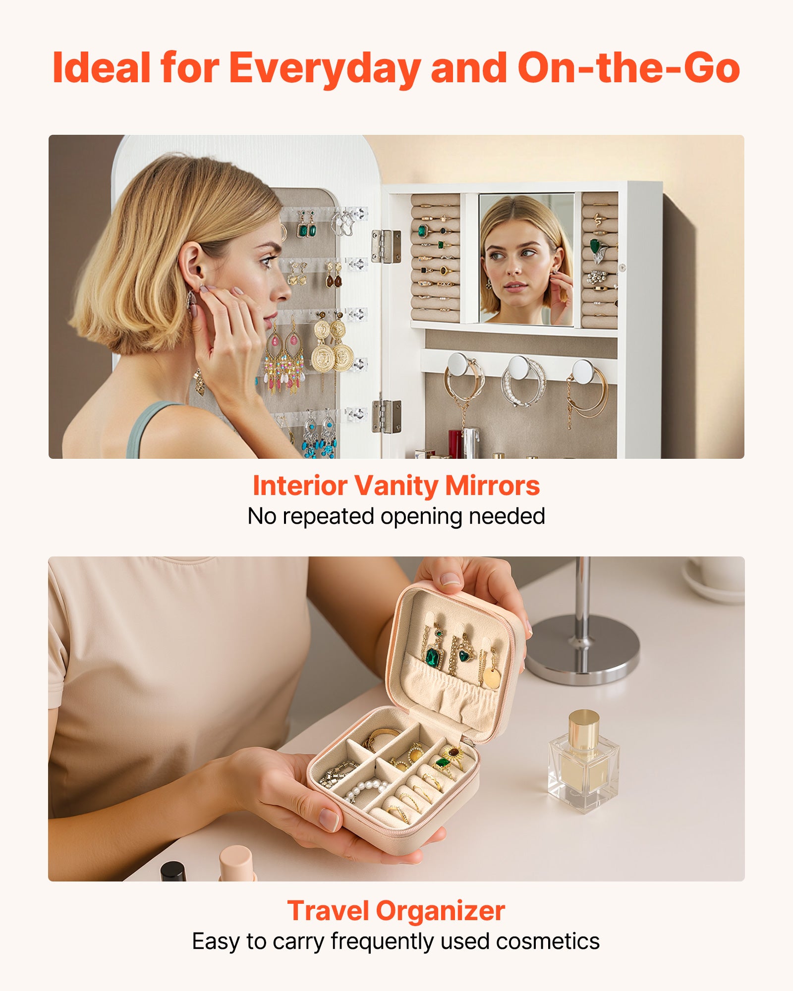 Armoire à Bijoux avec Miroir VEVOR 1080 mm, Organiseur Verrouillable Mural/Sur Porte avec 2 Clés & Compartiments de Rangement, Blanc - 5