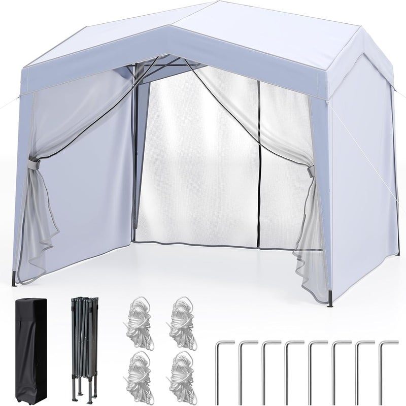 Składana Altana Ogrodowa 3 x 3 m, Namiot Imprezowy z Moskitierą, Wysokość 2,65/2,75 m, Łatwy Montaż (z Zasłoną | Biały)
