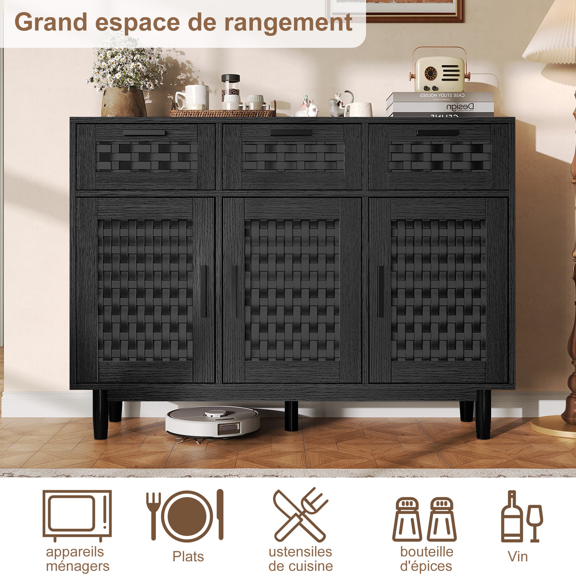 Buffet, meuble de rangement en bois noir, avec 3 portes et 3 tiroirs, meuble de rangement pour le salon, portes à motif tressé - 9