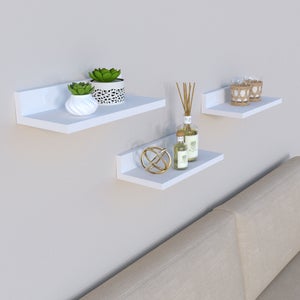 Set 3 Mensole Angolari In Legno Massello Paulownia, Bianco, Staffe Metalliche, 30,5 Cm, Portata 19kg, Per Soggiorno E Cucina - 3