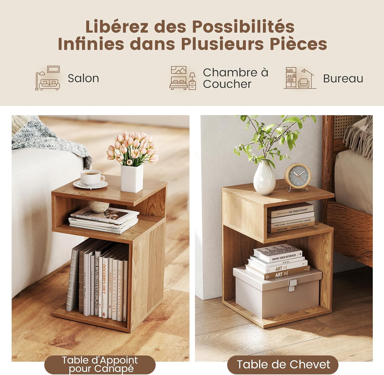 Table d'Appoint en Forme S, Bout de Canapé Salon avec 2 Casiers Ouverts, 3 Étagères Design Géométrique Compacte,pour Salon, Chambre, Naturel - 7