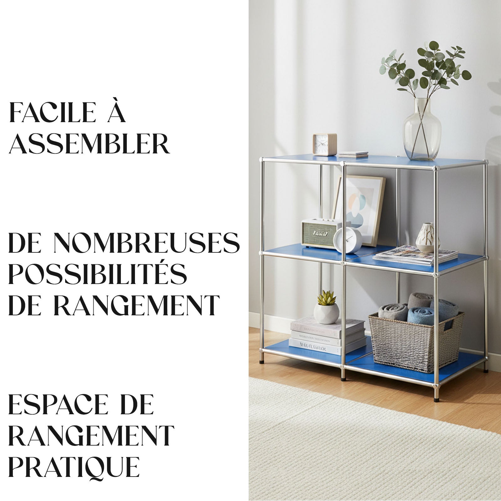 Étagère métal chromé design épuré, Concept Epuré MK-027 : 3 étages, 78 x 40 x 82 cm, Bleu - 5
