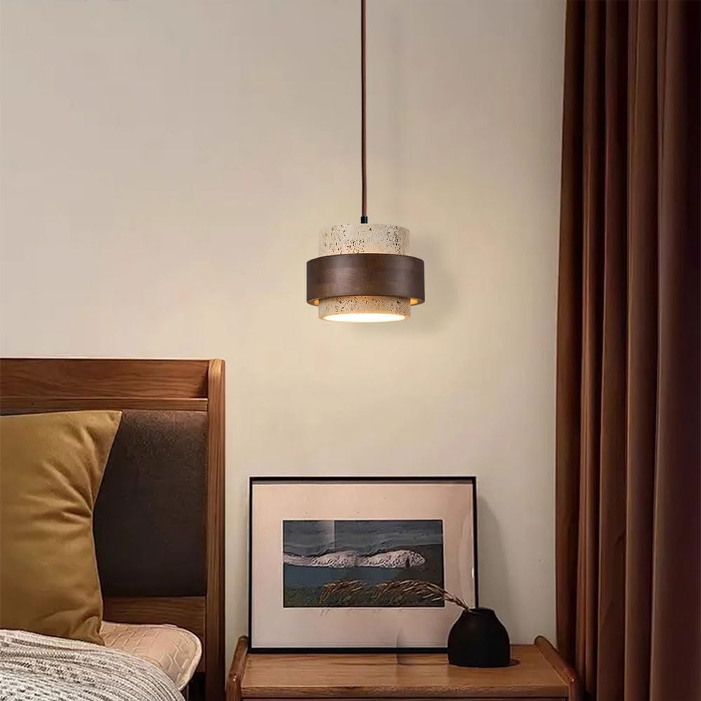 Lustre de style wabi-sabi en pierre naturelle nordique, lustre jaune style grotte, design bois et pierre, style ferme vintage, lampe en travertin. - 6