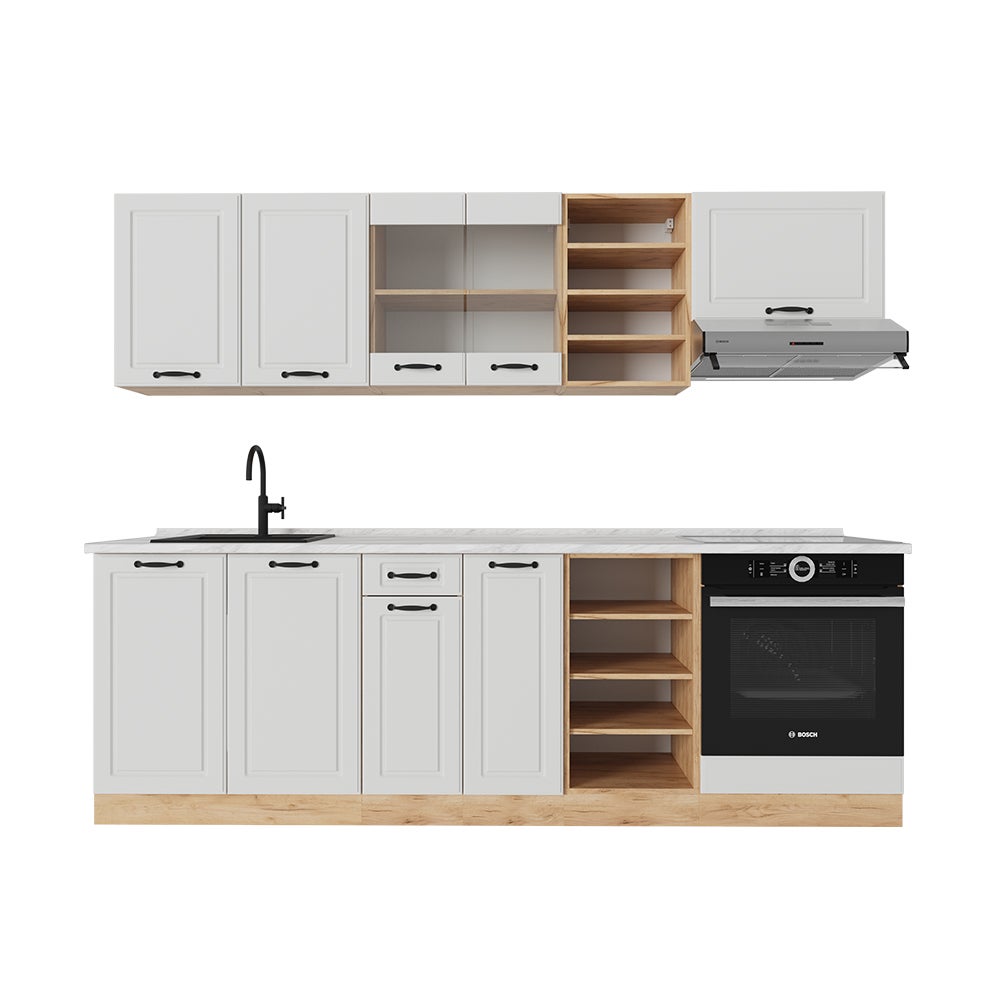 Vicco Zabudowa kuchenna R-Line, Biały dworek/złoty dąb, 240 cm , BP Marmur