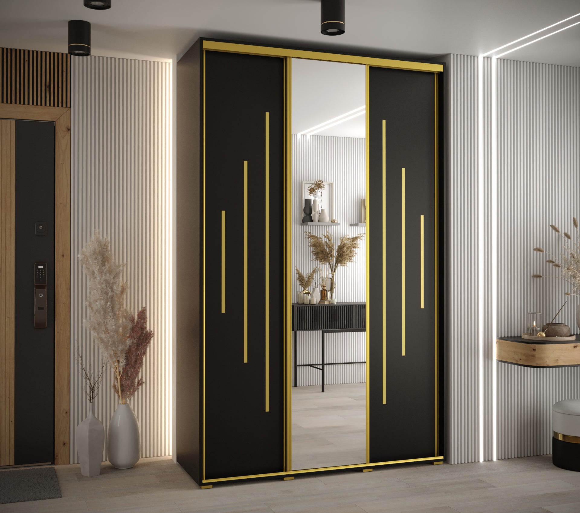 Szafa przesuwna z lustrem wysoka Davos 13 150 x 60 x 235,2 cm czarny + czarny + u. złoty - Abiks Meble - 2